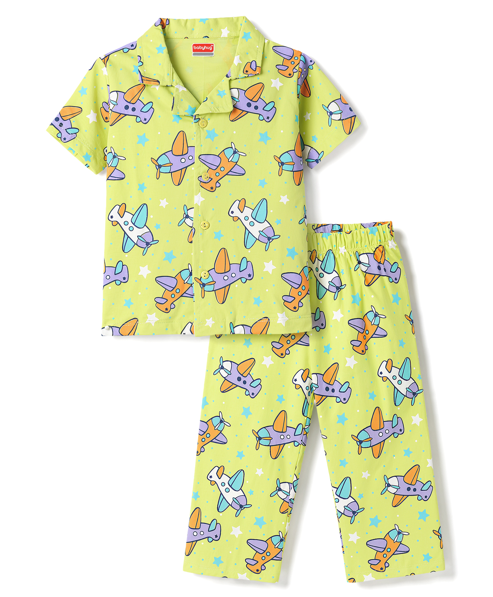 Babyhug Cotton Knit Half Sleeves Aeroplane Printed Co-Ords Shirt & Pyjama Night Suit - Yellow-image-45