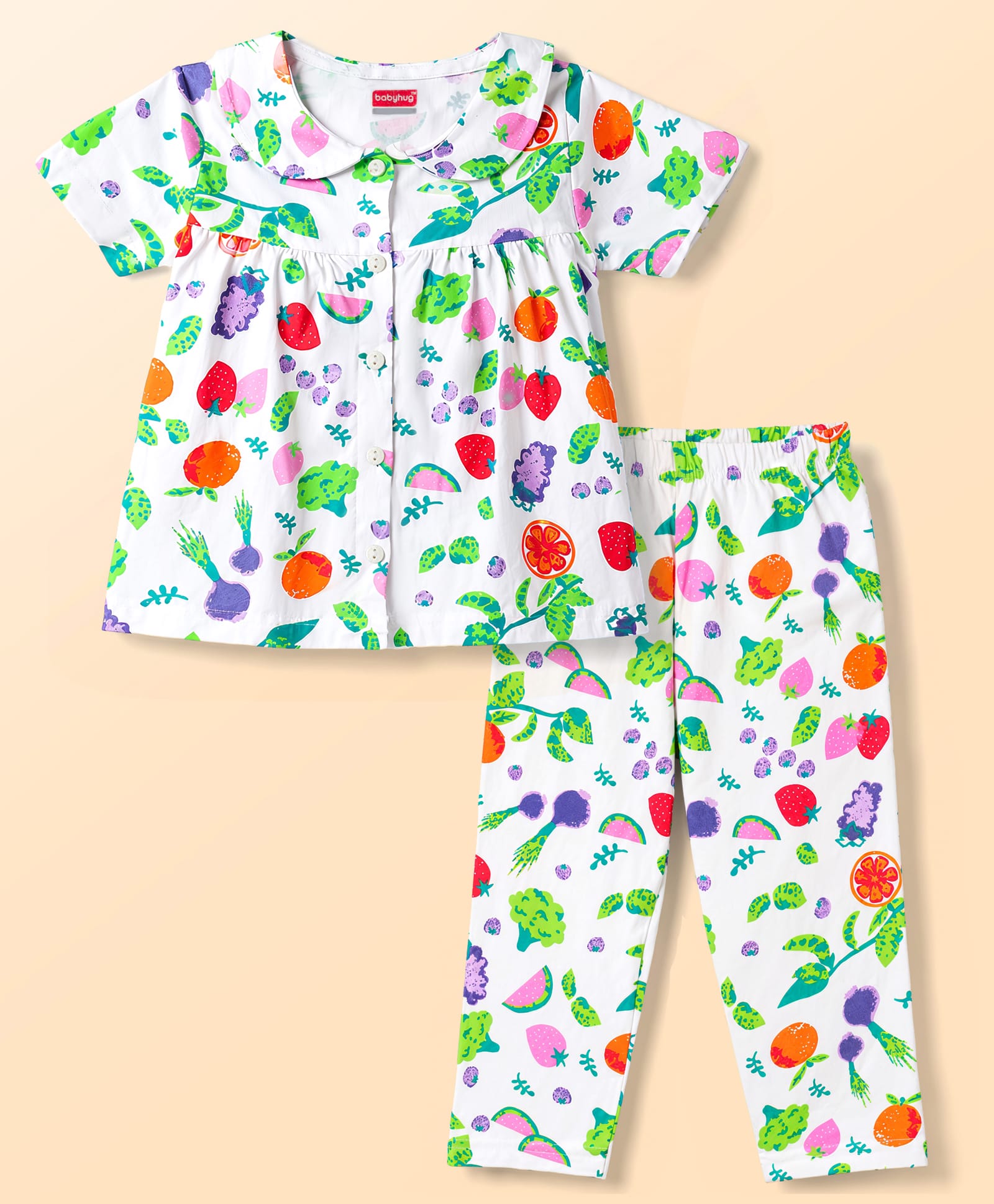 Babyhug Cotton Knit Half Sleeves Tropical Theme Printed Co-Ords Top & Pyjama Night Suit - White-image-35