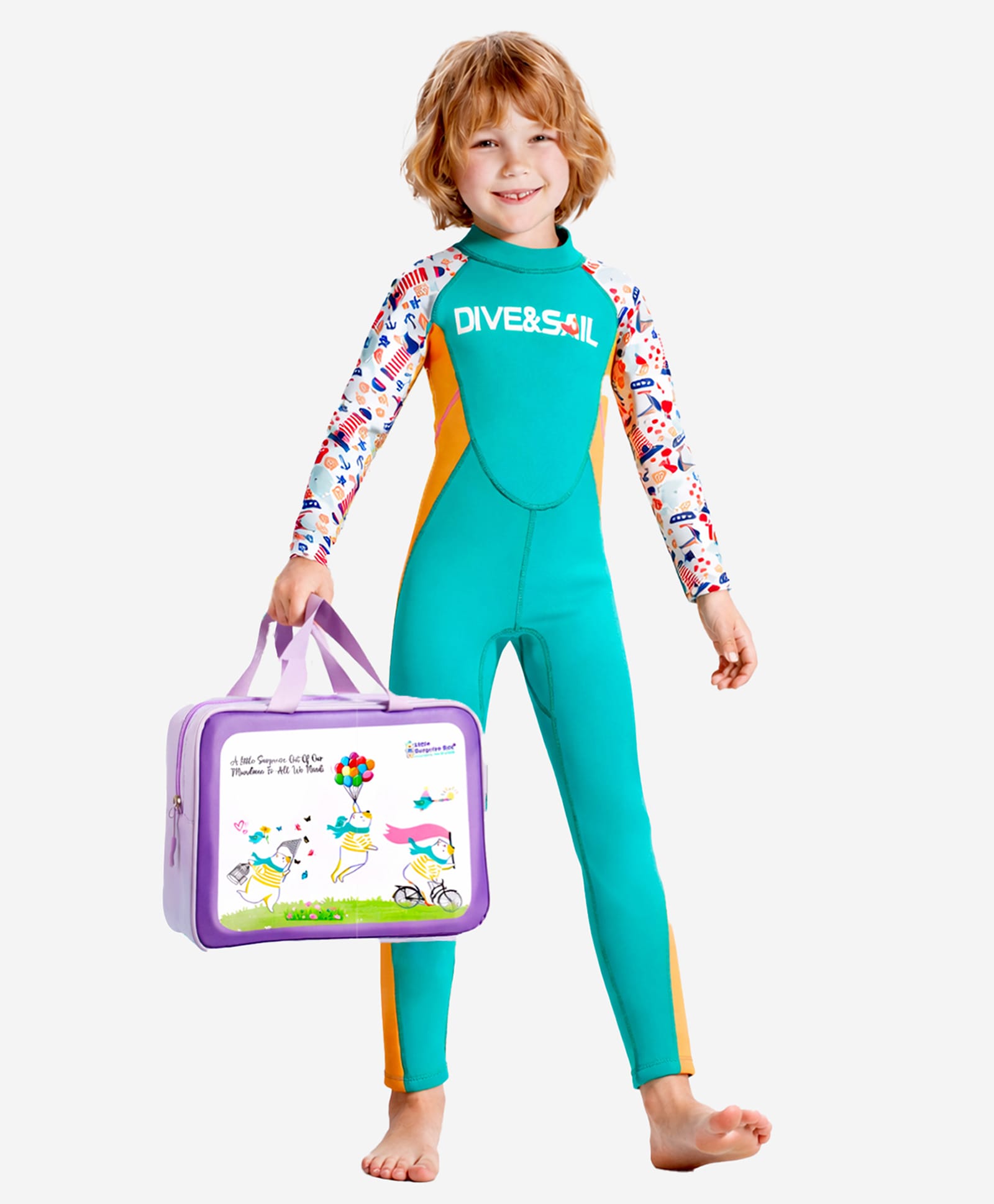 Little Surprise Box Neoprene Full Sleeves Nautical Theme Printed Swimsuit With Free Washbag - Green-picture-11