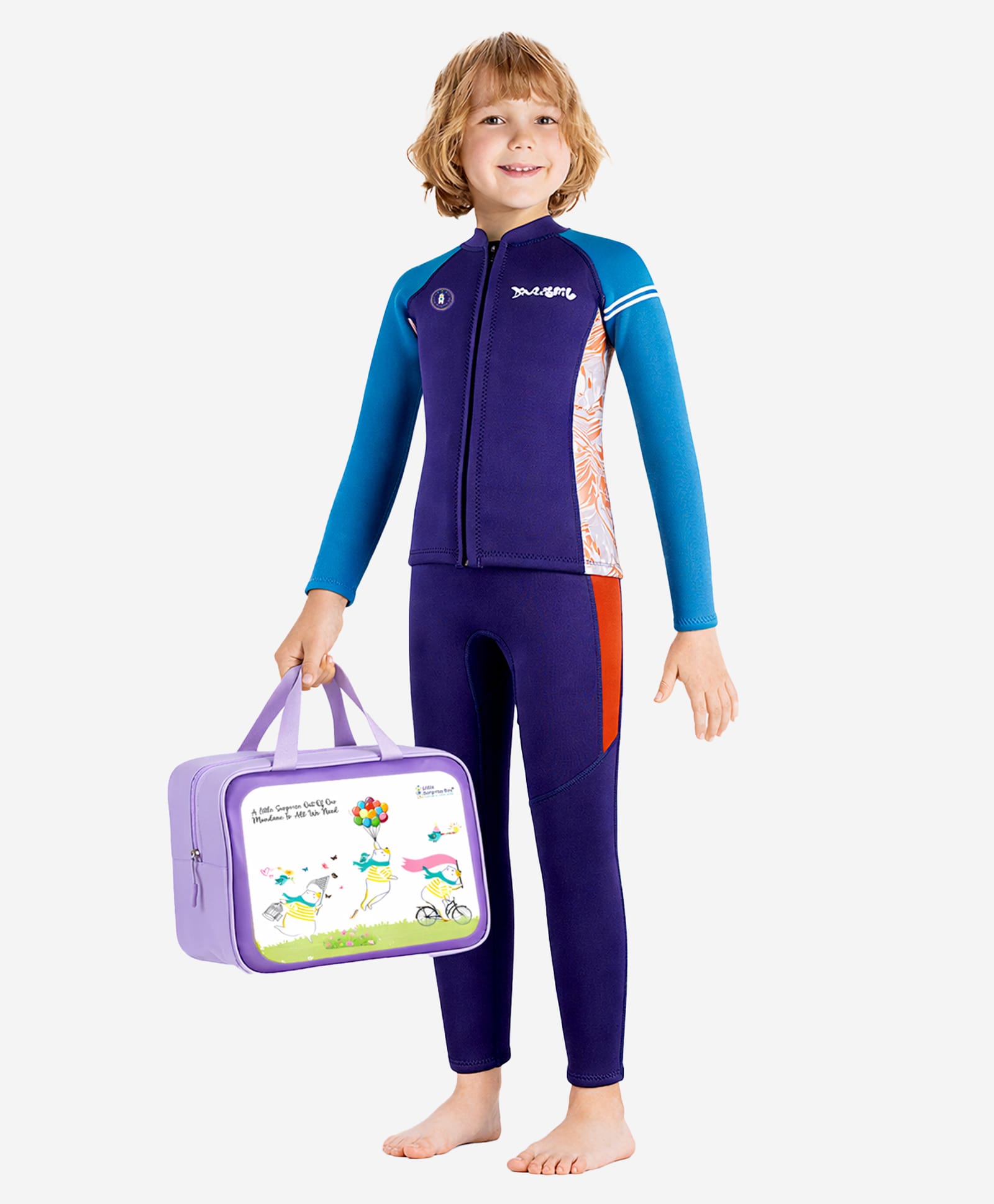 Little Surprise Box Neoprene Full Sleeves Colour Blocked Swim Vest & Pant Set With Bag - Navy Blue-image-21