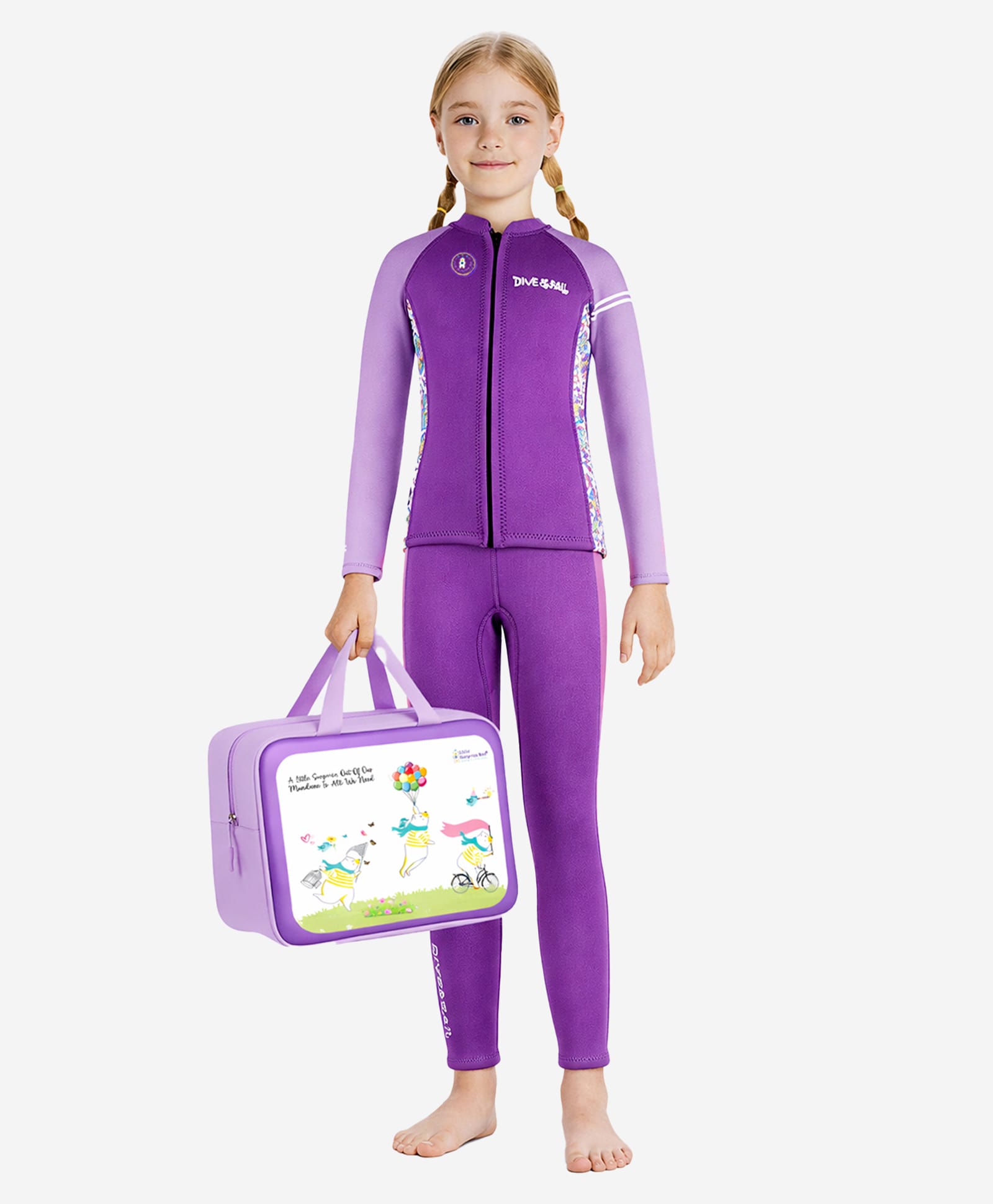 Little Surprise Box Neoprene Full Sleeves Dive & Sail Text Printed Swim Vest & Pant Set With Bag - Purple-picture-11