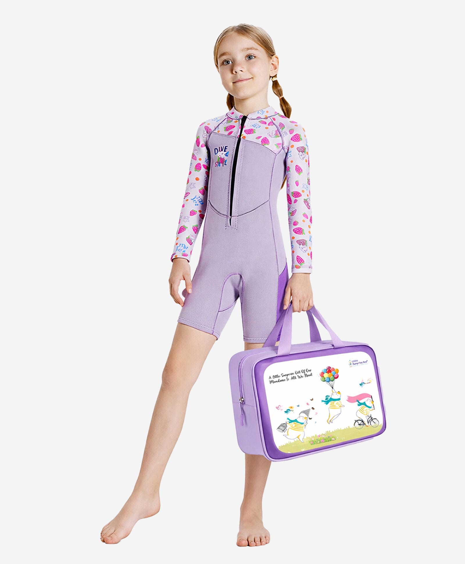 Little Surprise Box Neoprene Full Sleeves Strawberry Printed Legged Swimsuit With Bag - Purple-picture-10