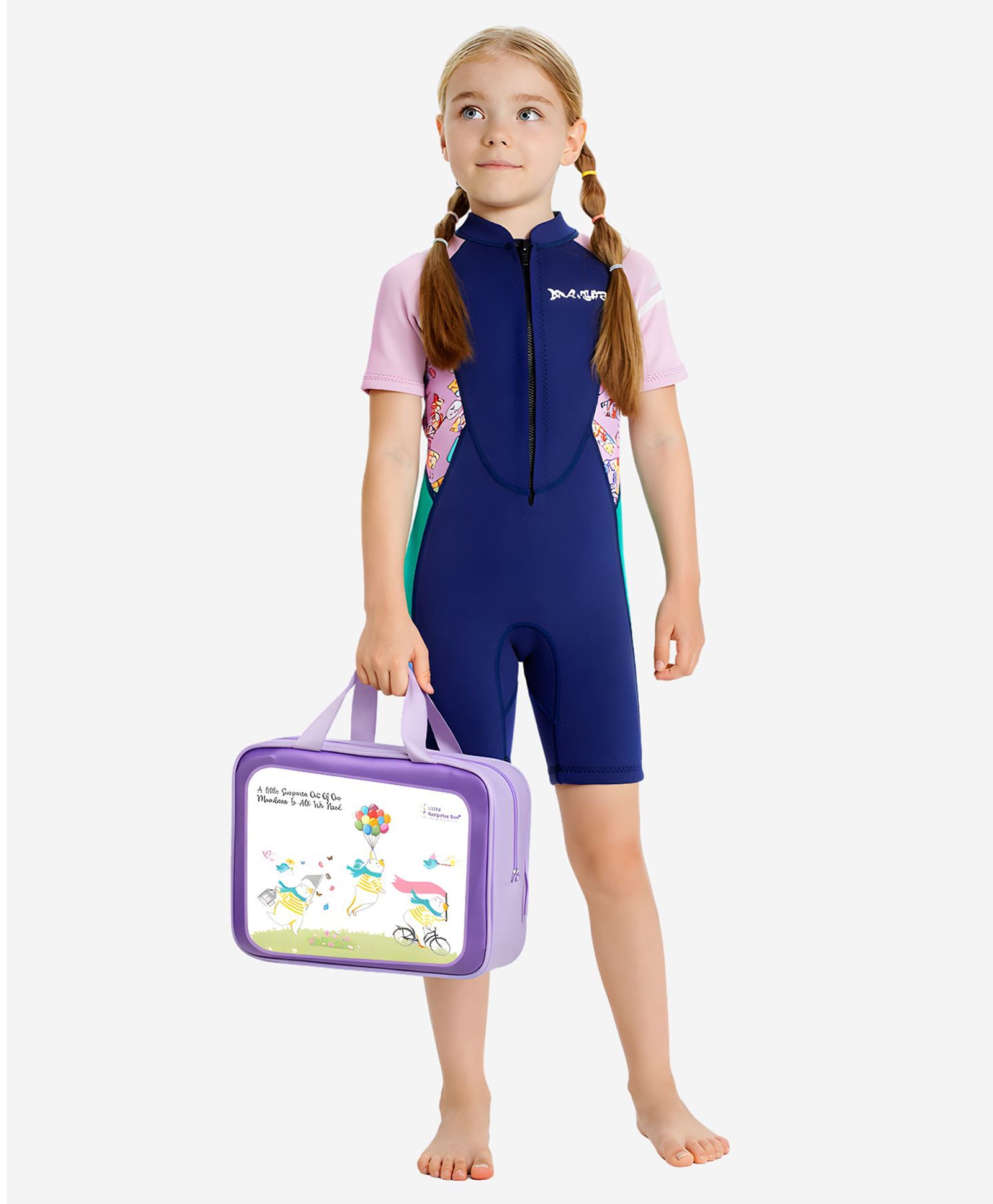 Little Surprise Box Neoprene Half Sleeves Abstract Printed Swimsuit With Free Washbag - Navy Blue-image-10