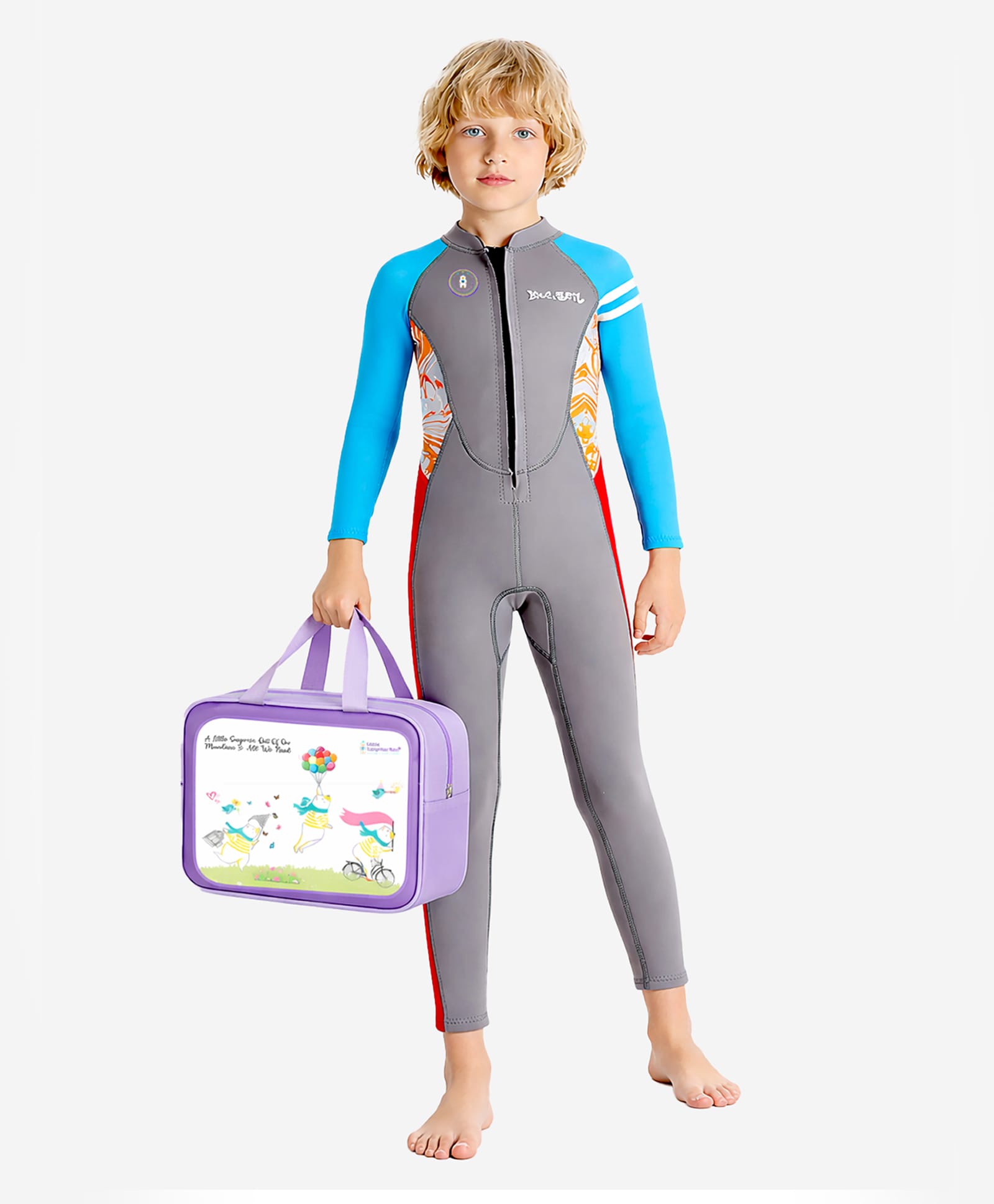 Little Surprise Box Neoprene Full Sleeves Colour Blocked Swimsuit With Free Wash Bag - Grey-image-14