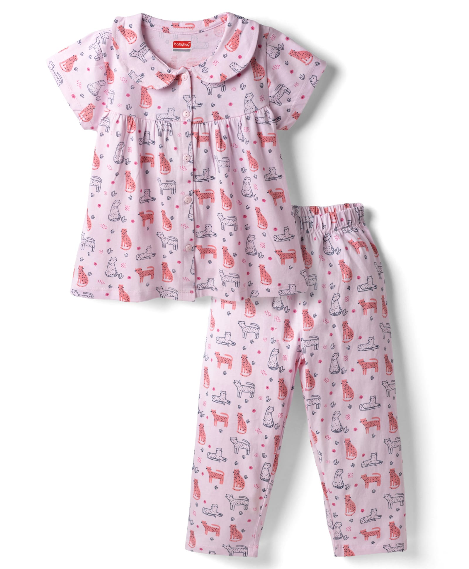 Babyhug Cotton Knit Half Sleeves Animal Printed Co-Ords Top & Pyjama Night Suit - Light Pink-image-30