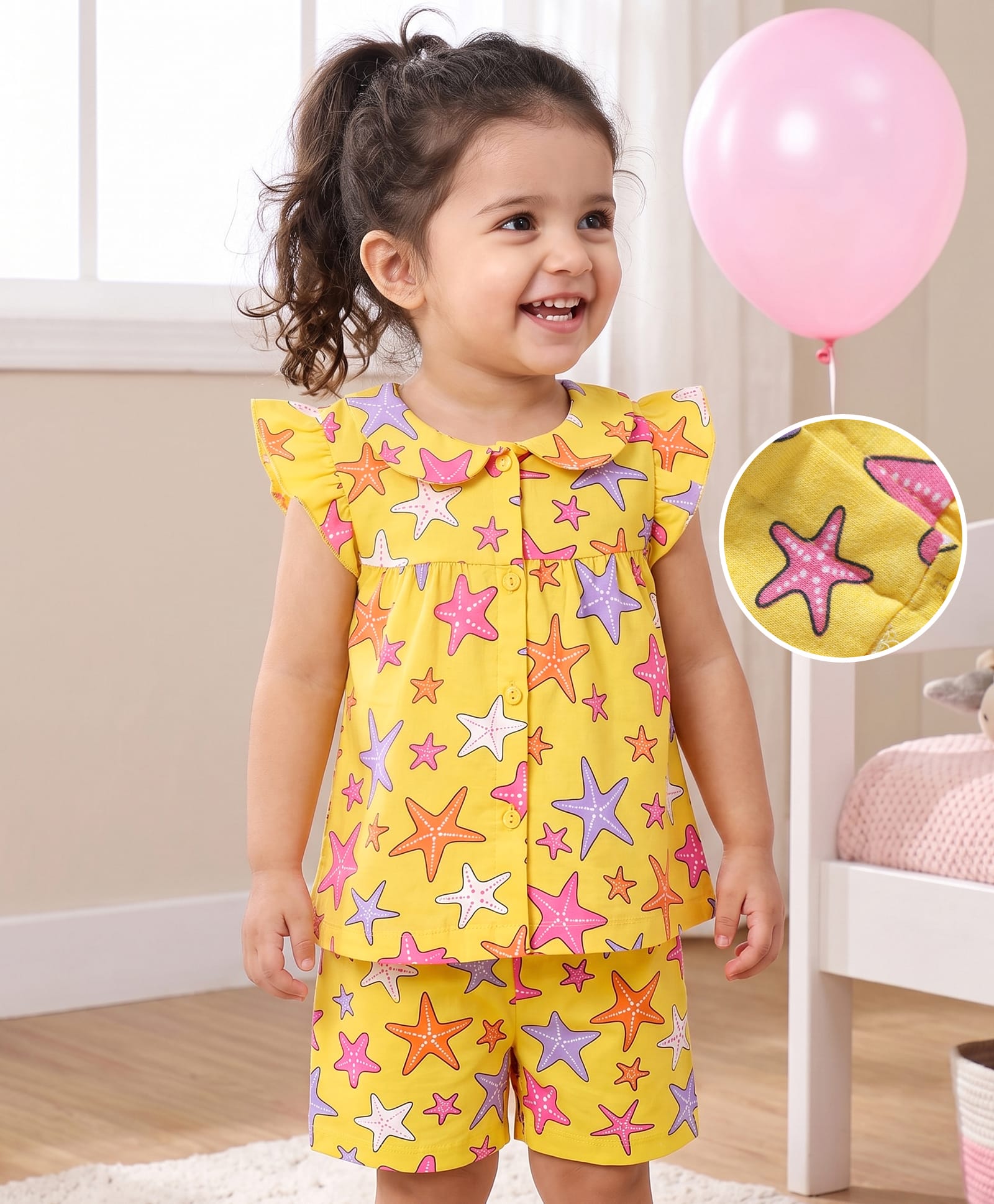 Babyhug Cotton Knit Half Sleeves Sea Life Printed Co-Ords Top & Shorts Night Suit - Yellow-image-4