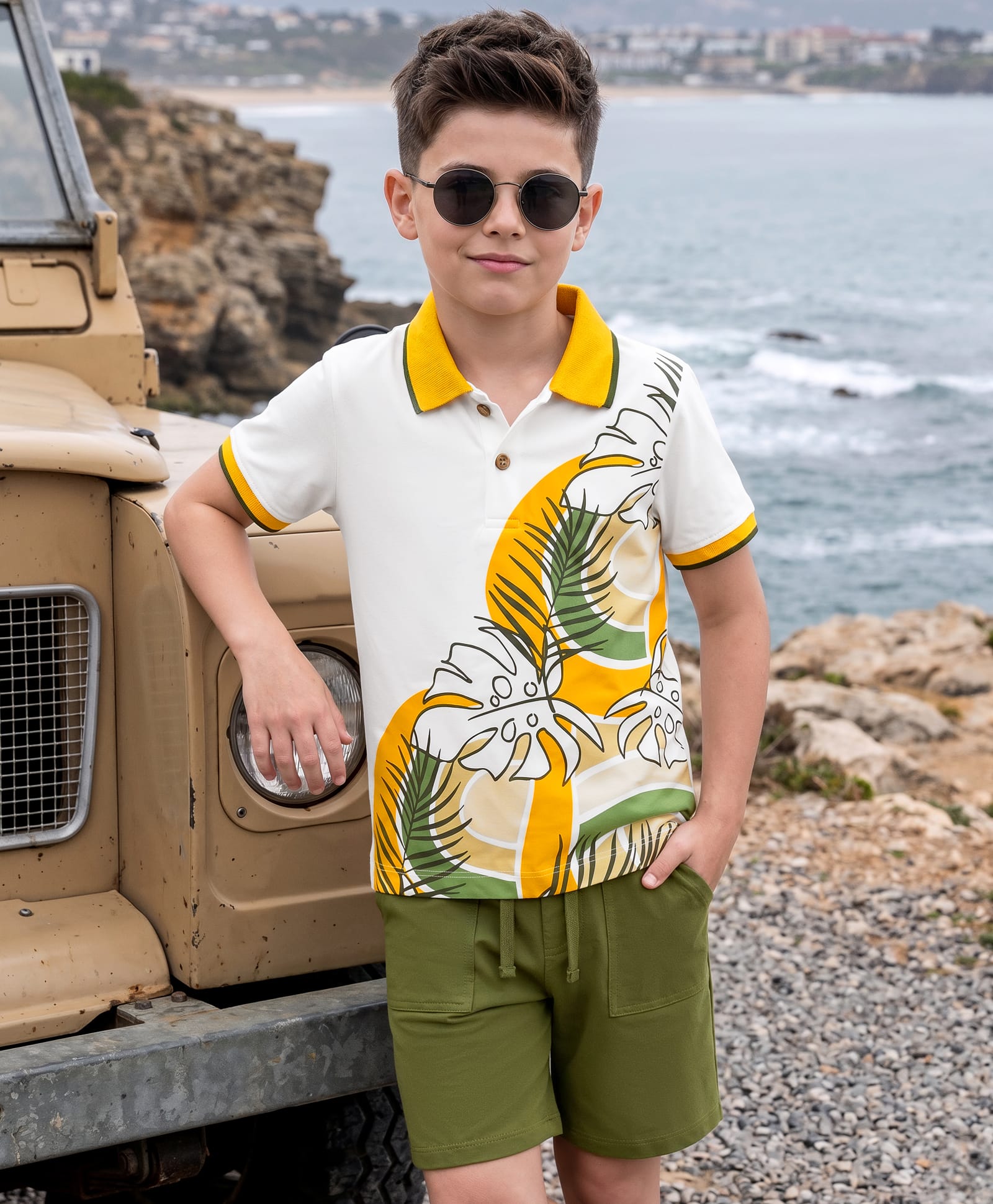 OLLINGTON ST. Sinker Knit Half Sleeves Polo T-Shirt & Shorts Set With Leaf Print - Multicolor-picture-11