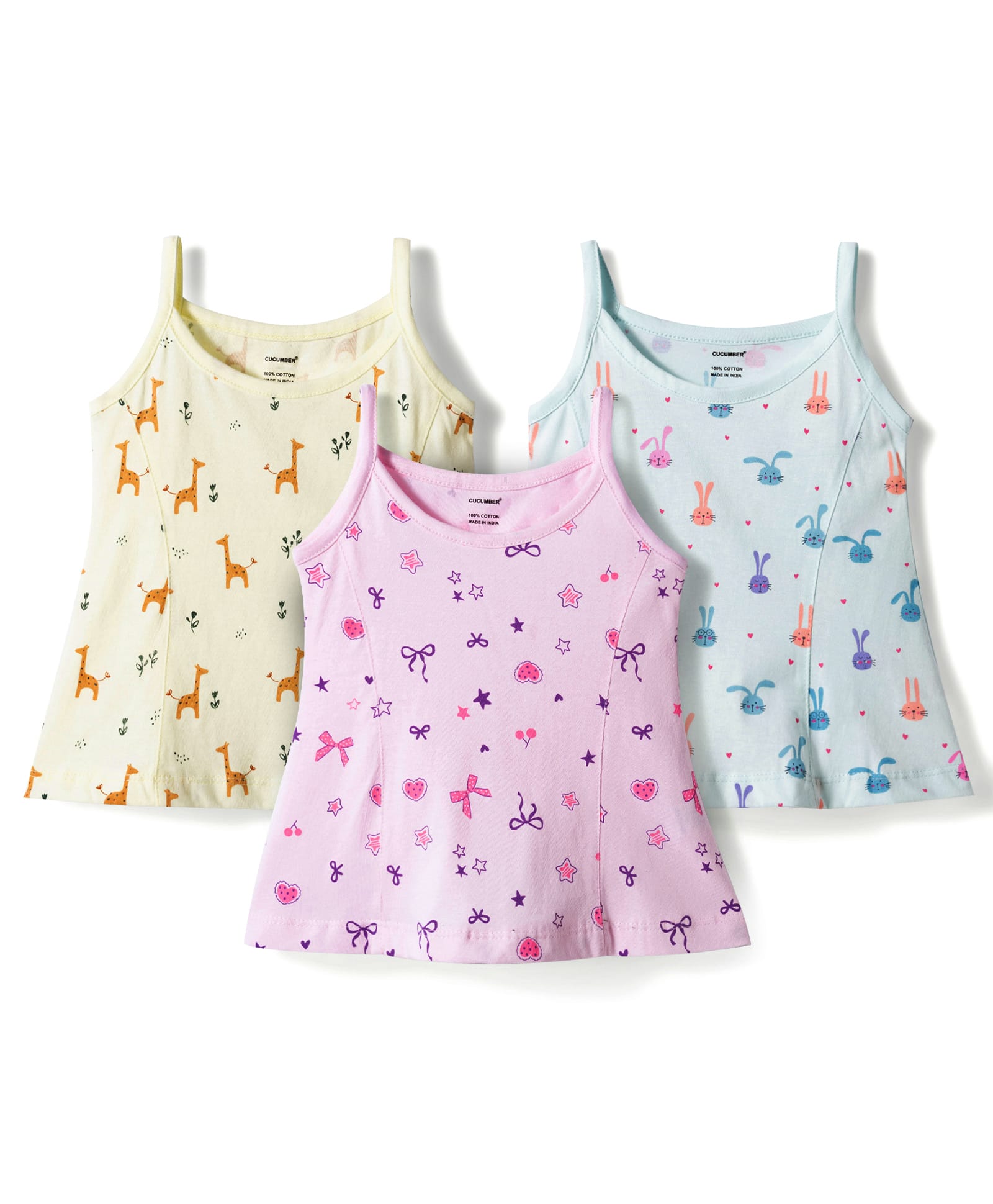 CUCUMBER Sinker Knit Sleeveless Slips With Giraffe Bunny & Bow Print Pack of 3 - Pink Lemon Yellow & Blue-image-38
