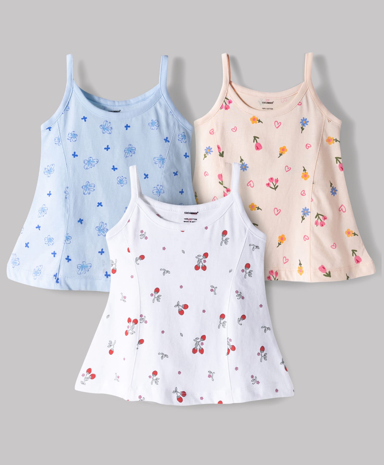 CUCUMBER Sinker Knit Sleeveless Butterfly Cherry & Floral Print Pack of 3 - White Peach & Blue-image-33