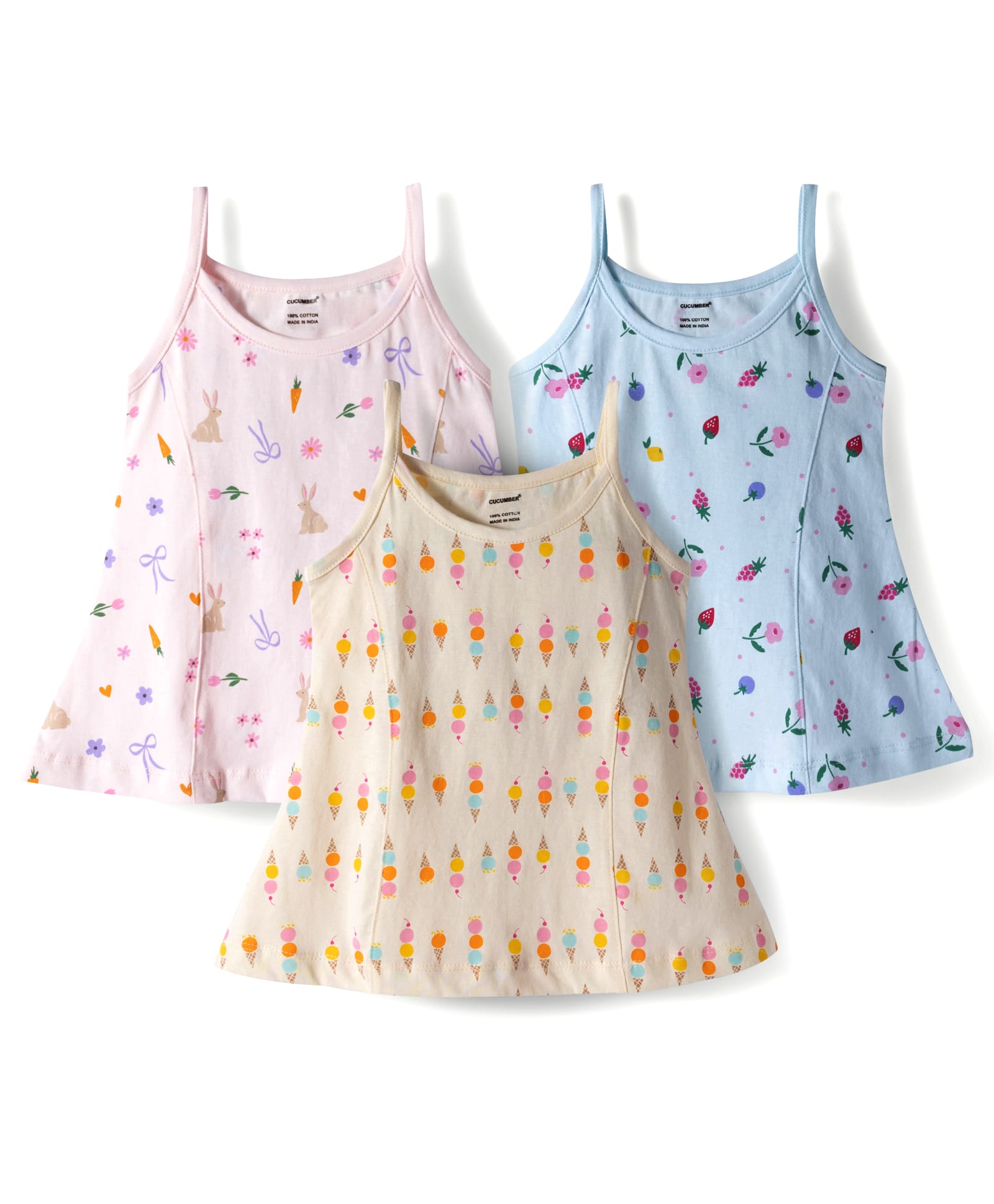 CUCUMBER Sinker Knit Sleeveless Printed Slips Pack of 3 - Baby Pink Lemon Yellow & Blue-image-35