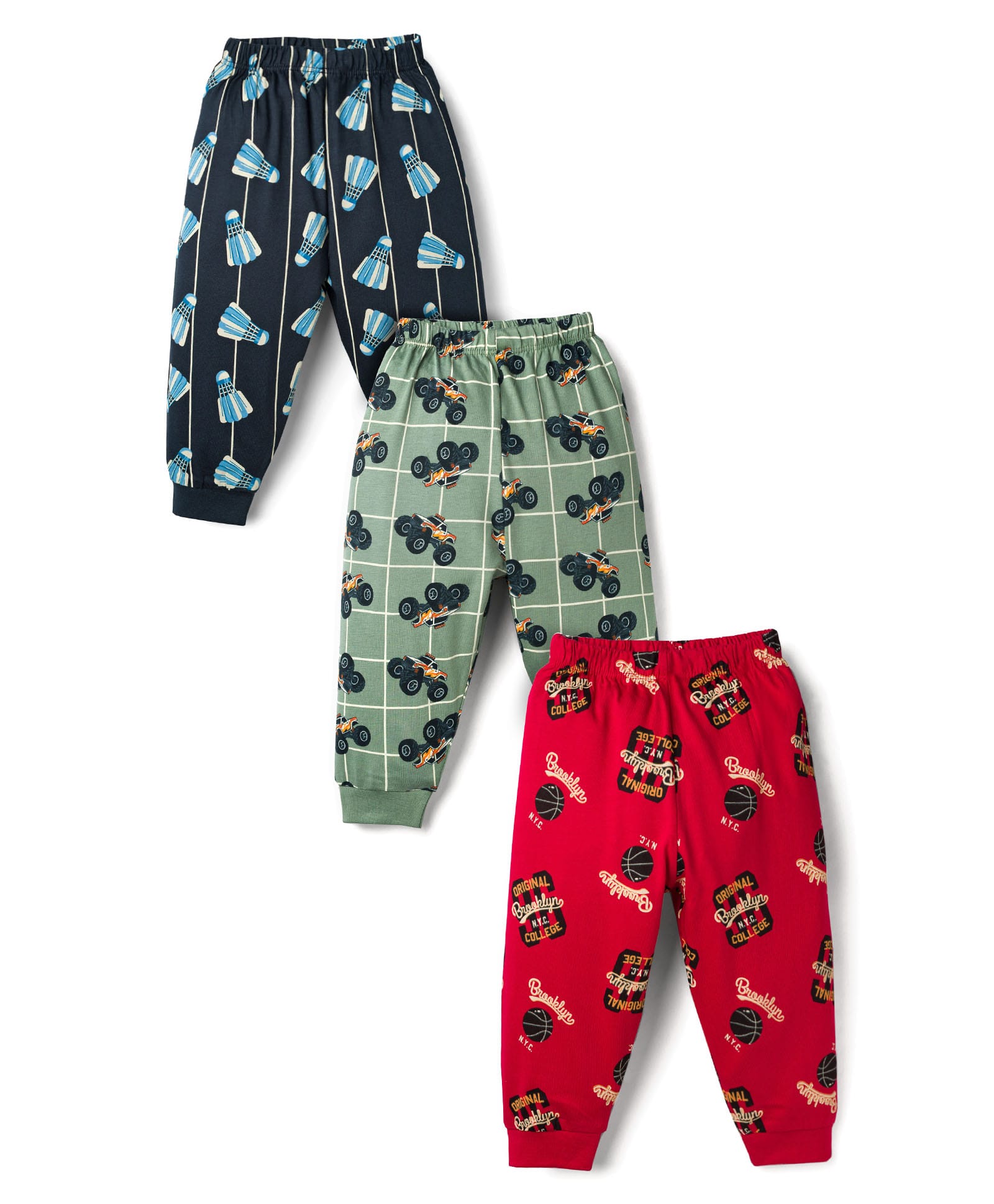 CUCUMBER Sinker Knit Full Length Sports Theme Printed Lounge Pants Pack of 3 - Red Navy Blue & Light Green-image-12