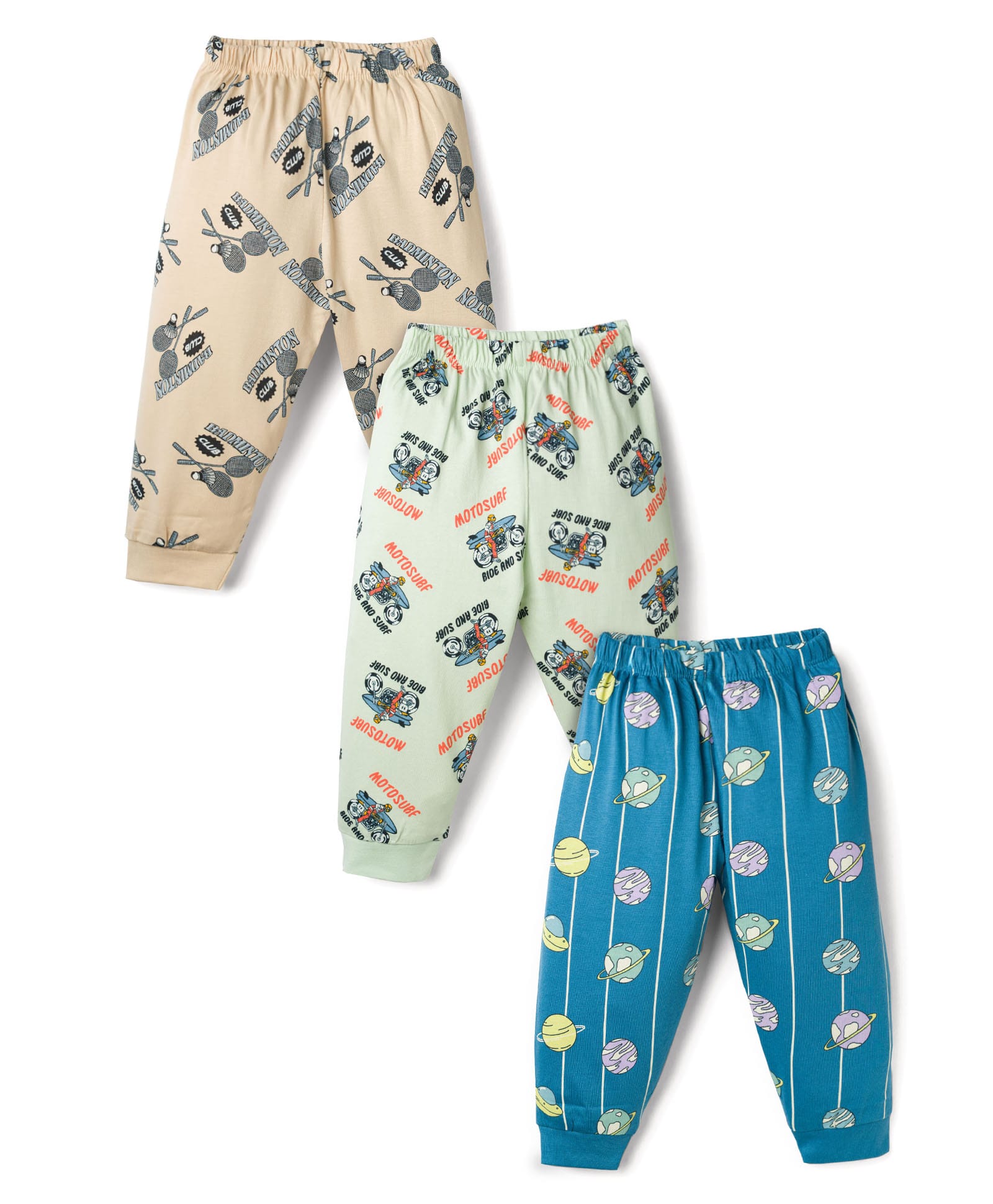 CUCUMBER Sinker Knit Full Length Sports & Space Theme Printed Lounge Pants Pack Of 3 - Light green Ivory & Blue-image-47
