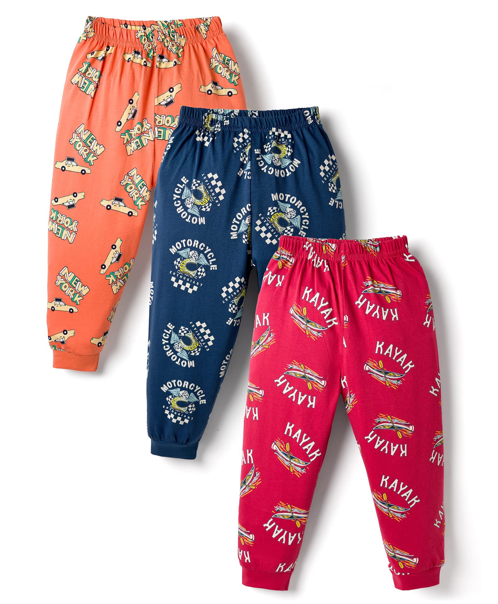 CUCUMBER Sinker Knit Full Length Vehicles & Nautical Theme Printed Lounge Pants Pack Of 3 - Red Navy Blue & Orange-picture-27