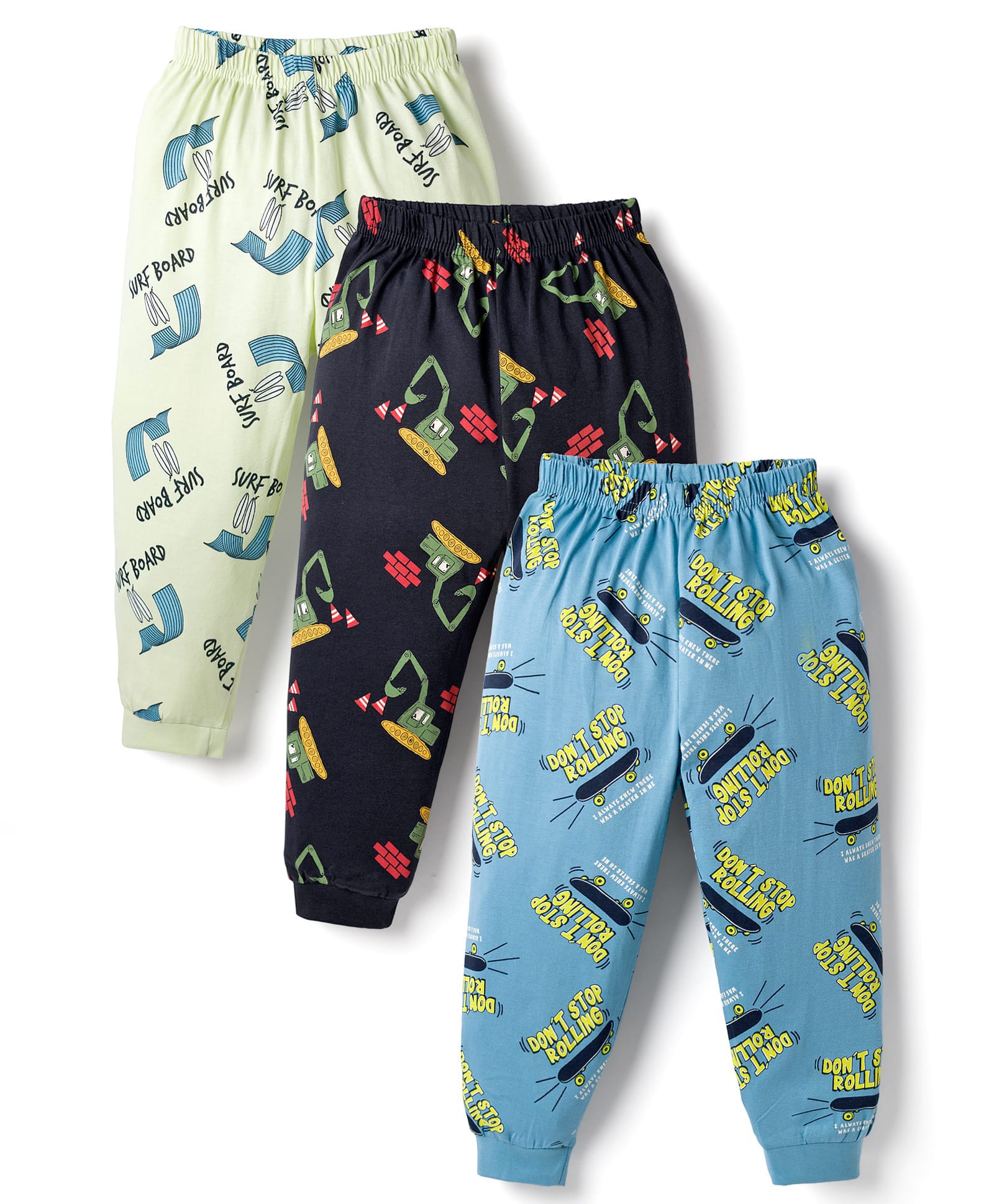 CUCUMBER Sinker Knit Full Length Construction Vehicles & Sports Theme Printed Lounge Pants Pack Of 3 - Black Light Blue & Light Green-image-45
