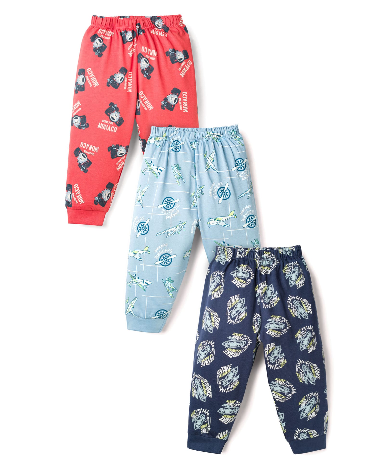 CUCUMBER Sinker Knit Full Length Space Theme & Vehicles Printed Lounge Pants Pack Of 3 - Navy Blue Red & Light Blue-image-35