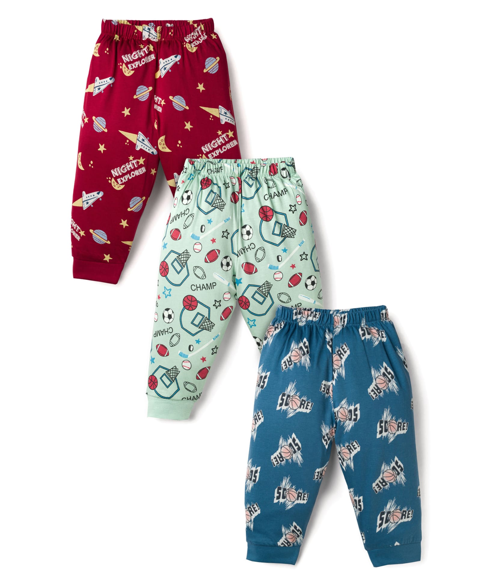 CUCUMBER Sinker Knit Full Length Sports & Space Theme Printed Lounge Pants Pack Of 3 - Maroon Light Green & Blue-picture-19