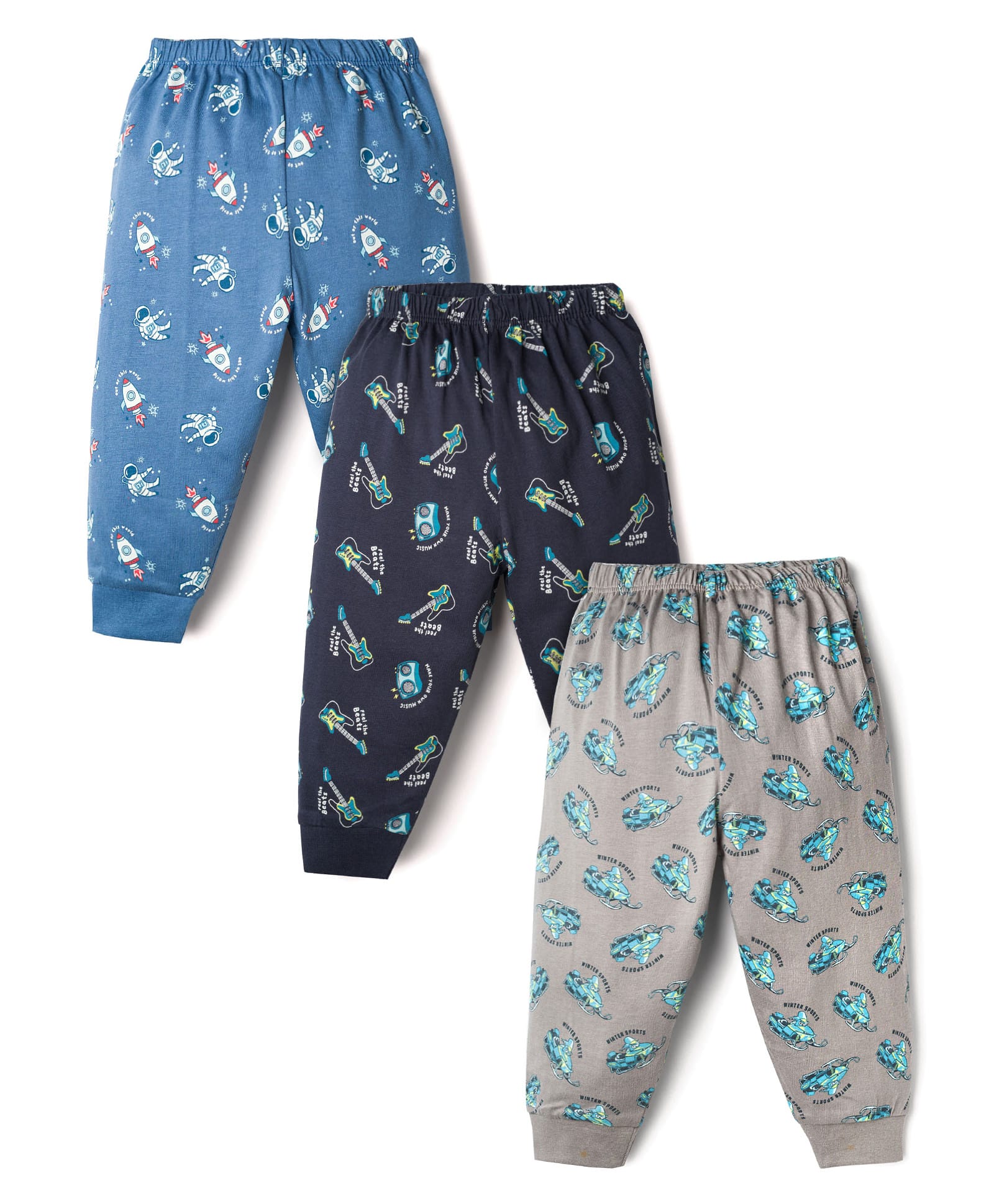CUCUMBER Sinker Knit Full Length Vehicles & Space Theme Printed Leggings Pack Of 3 - Grey Navy Blue-image-7