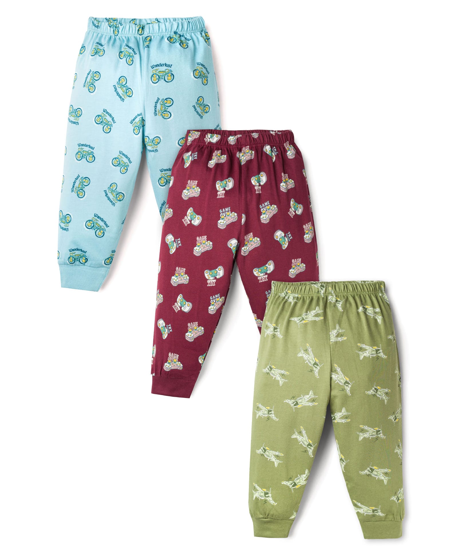 CUCUMBER Sinker Knit Full Length Vehicles Printed Leggings Pack Of 3 - Maroon Light Blue & Green-picture-22