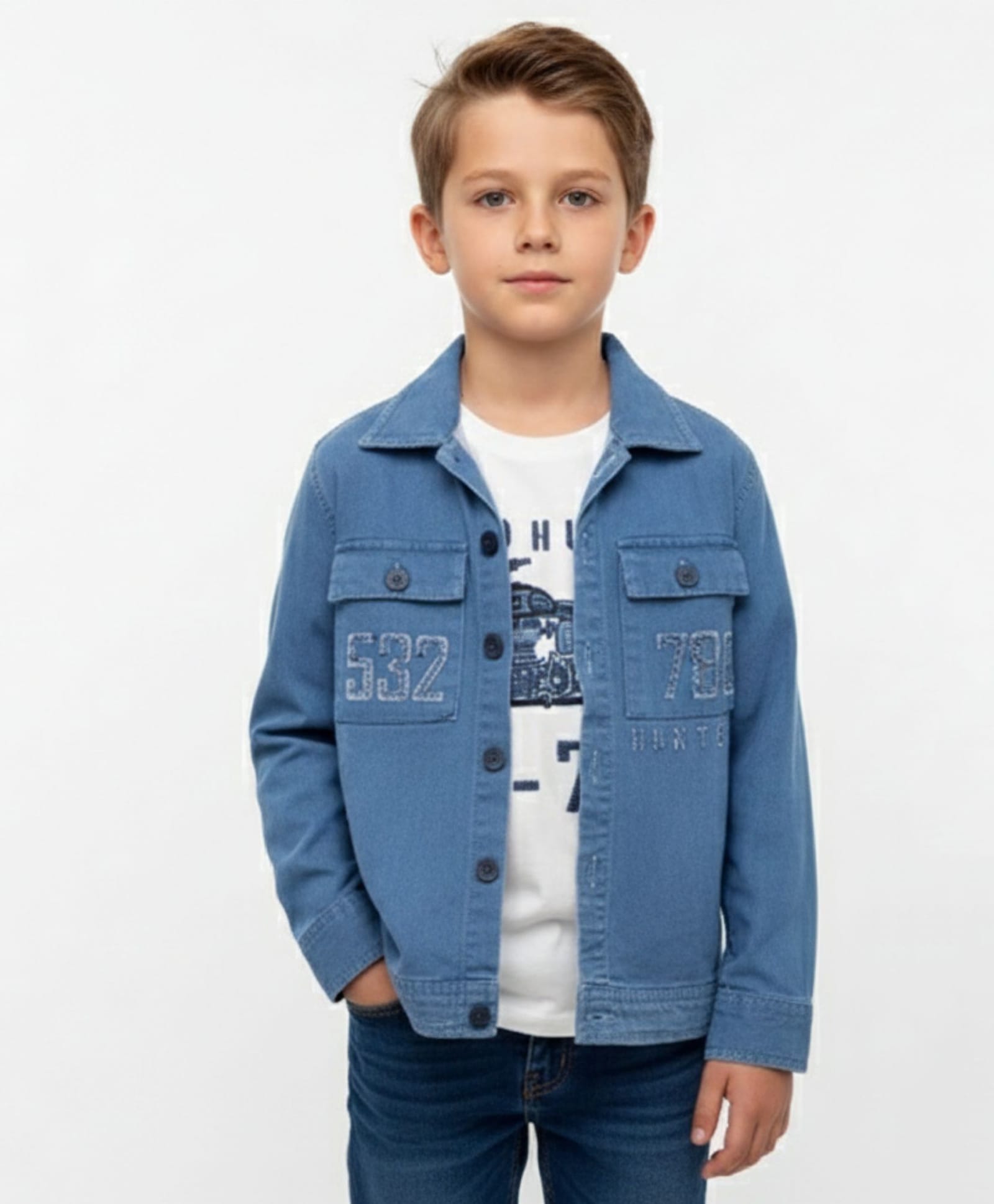 Lagorii Denim Woven Full Sleeves Numbers Patch Detailed Jacket With Motorcycle Printed Tee - White-image-36