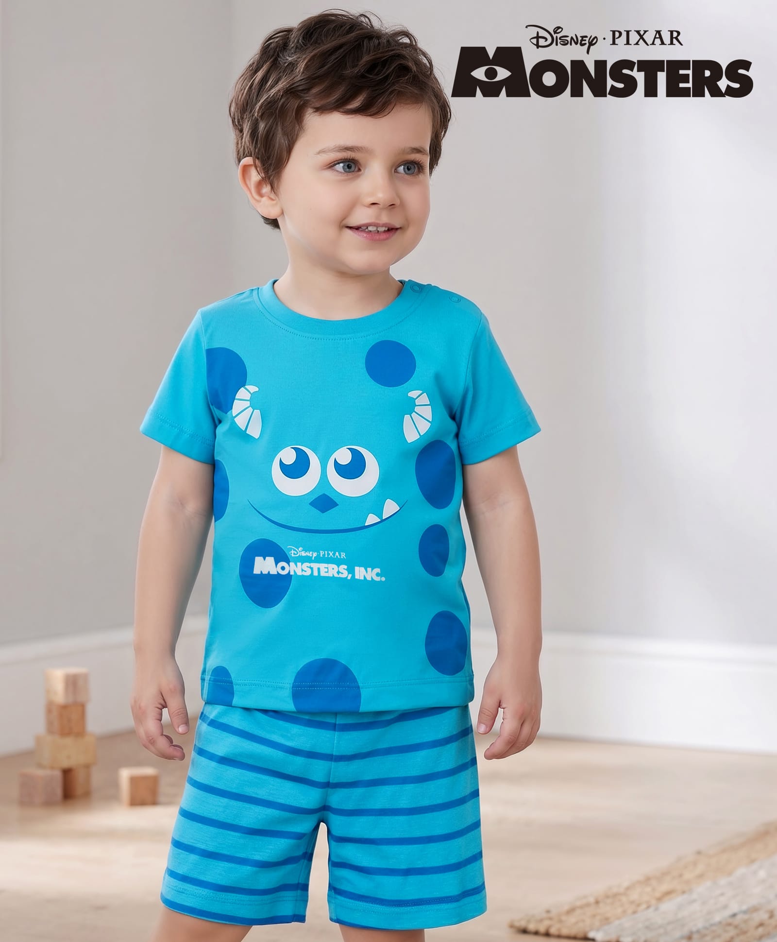 Babyhug Disney 100% Cotton Knit Half Sleeves T-Shirt & Shorts Night Suit With Monster Graphic & Stripes - Light Blue-image-9
