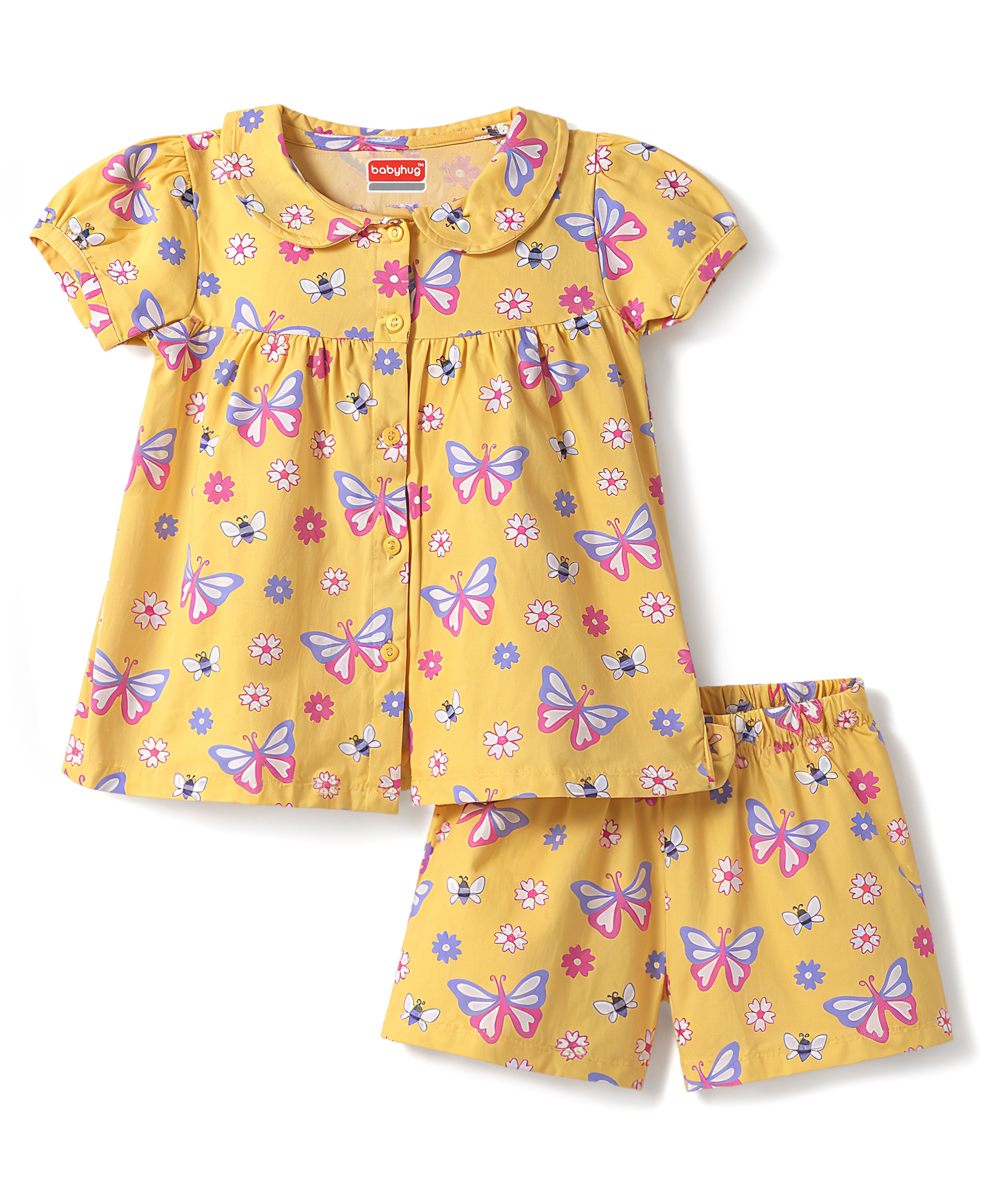 Babyhug Cotton Knit Half Sleeves Floral & Butterfly Printed Co-Ords Top & Shorts Night Suit - Orange-image-13
