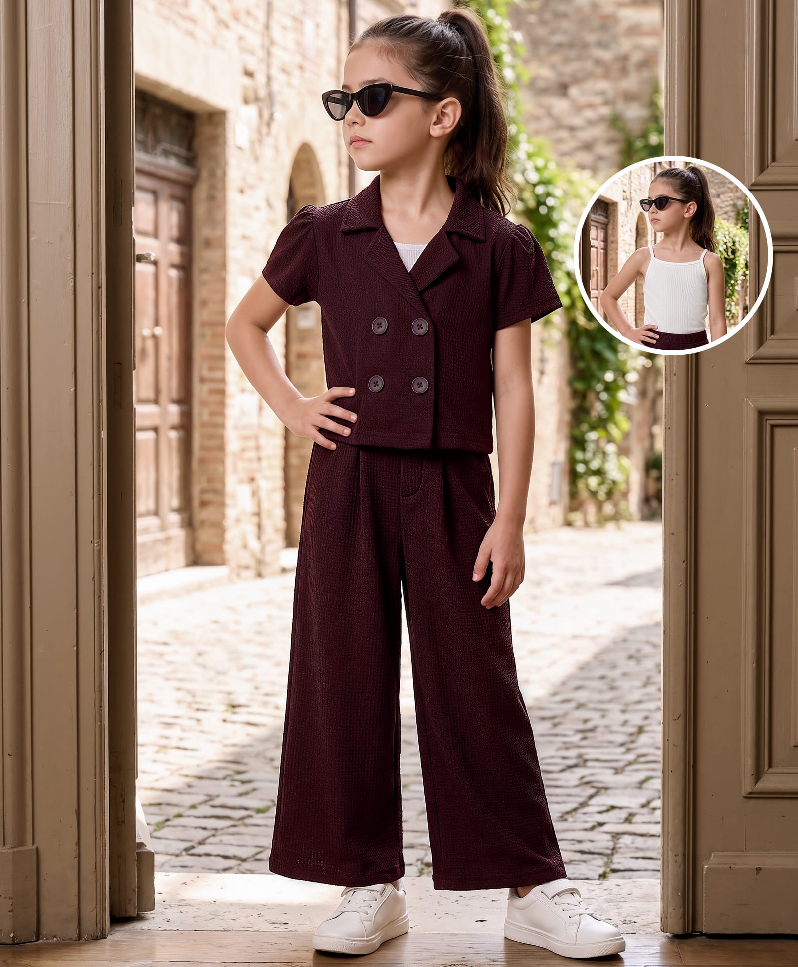 OLLINGTON ST. Waffle Half Sleeves Top With Inner Tee & Culottes Set - Wine & White-picture-11