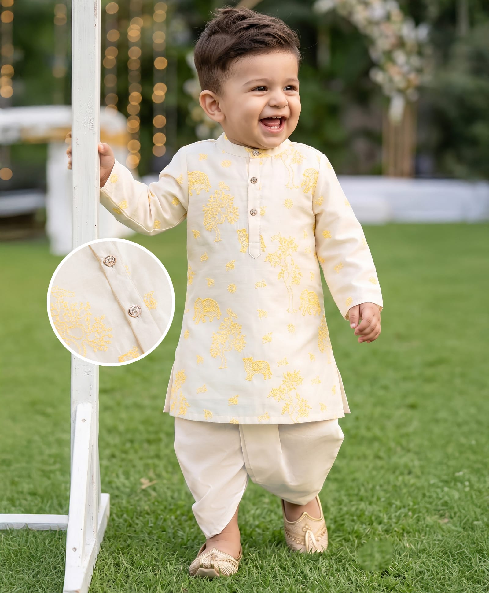 Babyhug Chanderi Woven Full Sleeves Kurta Dhoti Set with Floral Embroidery - White-image-3