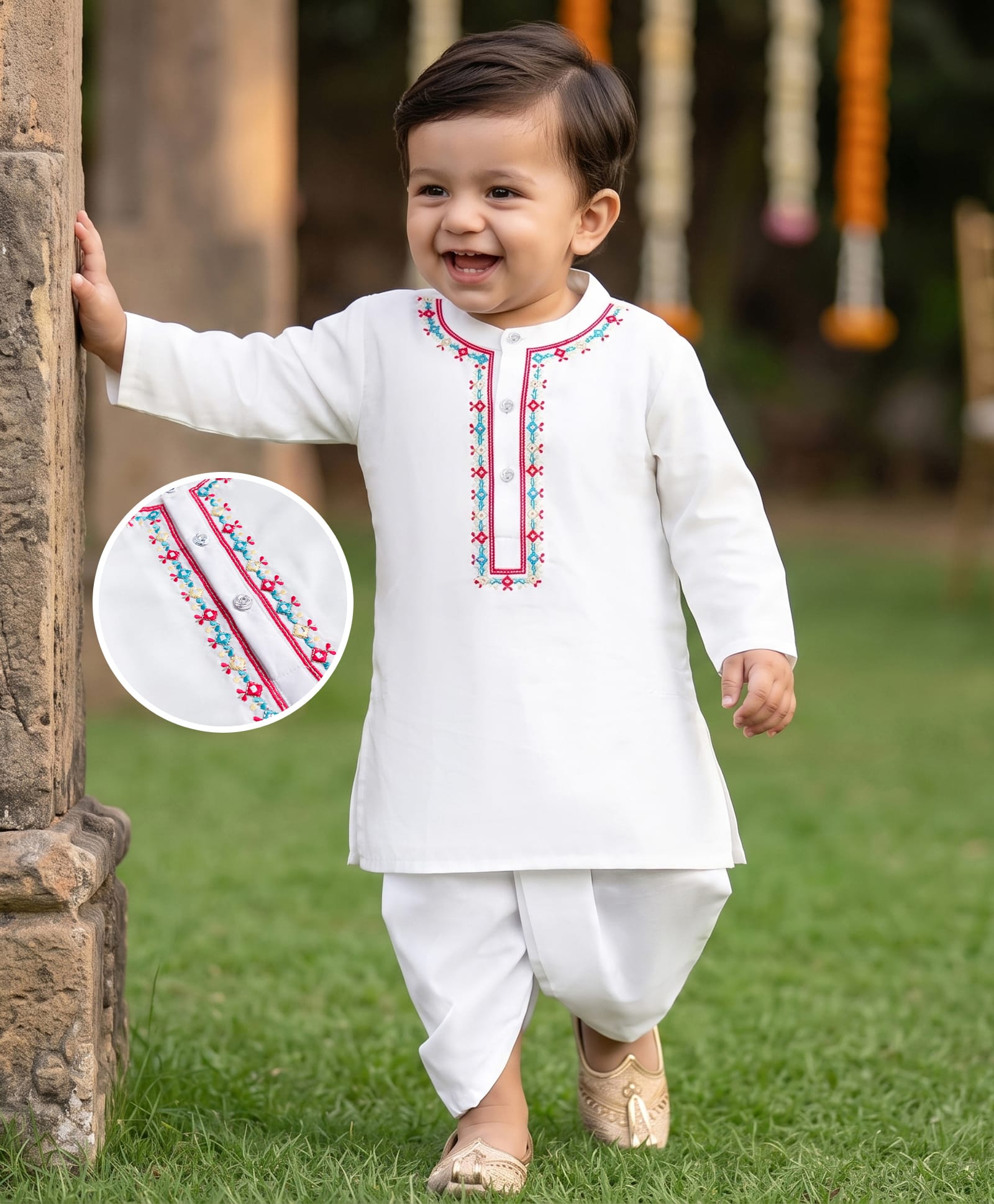 Babyhug Cotton Blend Woven Full Sleeves Embroidered Kurta & Dhoti Set - OffWhite-picture-14