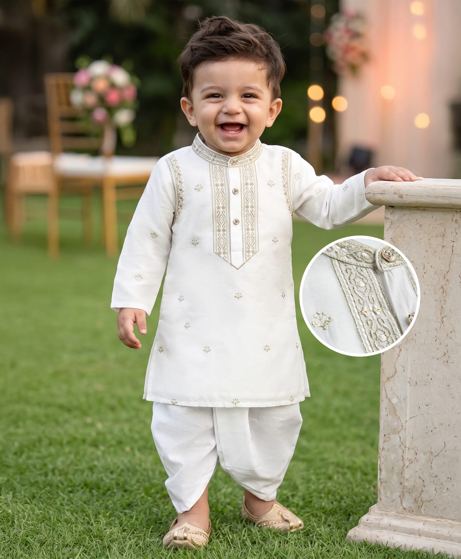 Babyhug Cotton Blend Woven Full Sleeves Kurta Dhoti Set With Floral Embroidery - White-image-41