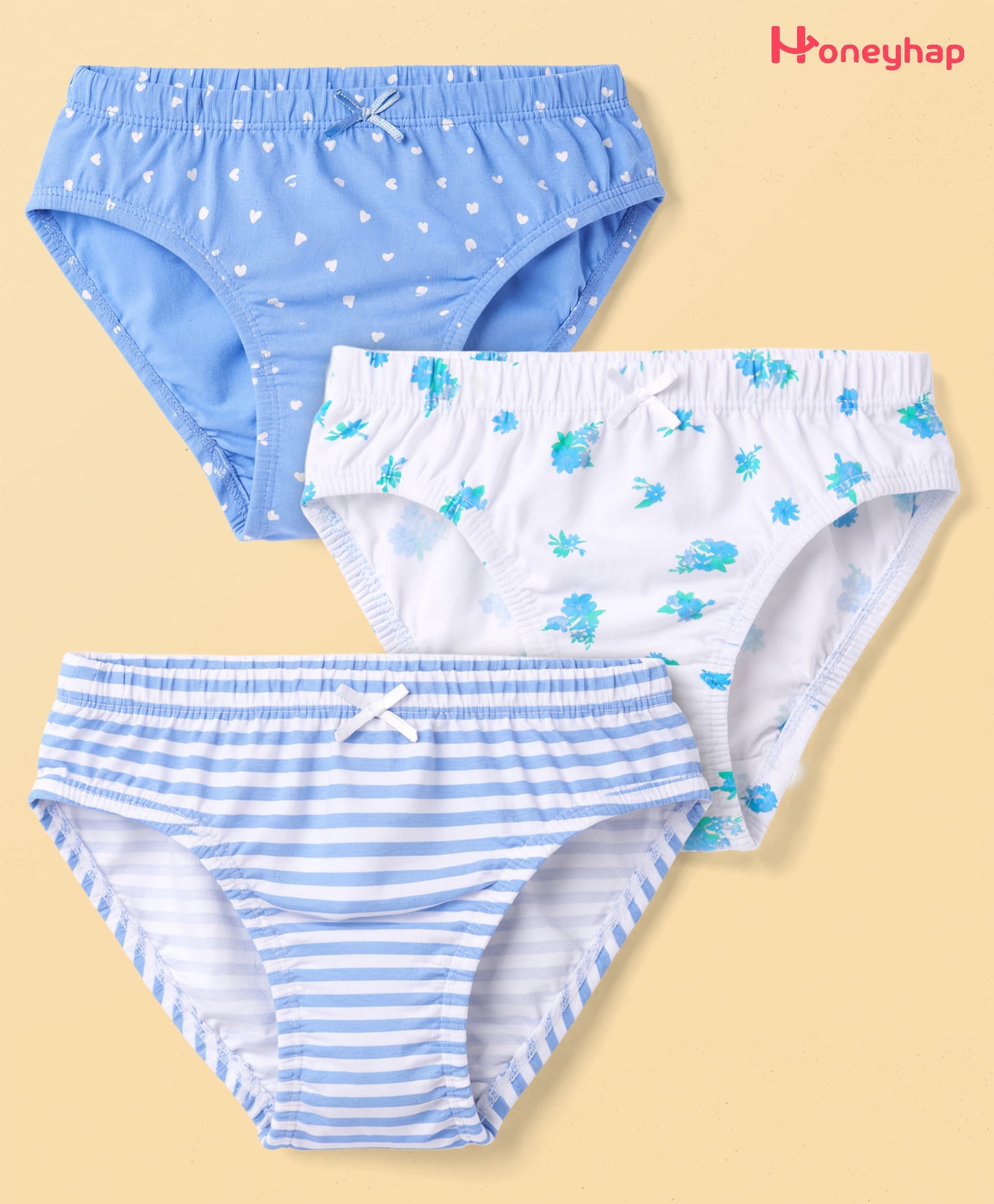 Honeyhap Premium Cotton Elastane Knit with Bio Finish Panties with Floral & Heart Print Pack of 3 - Bright White & Little Boy Blue-picture-23