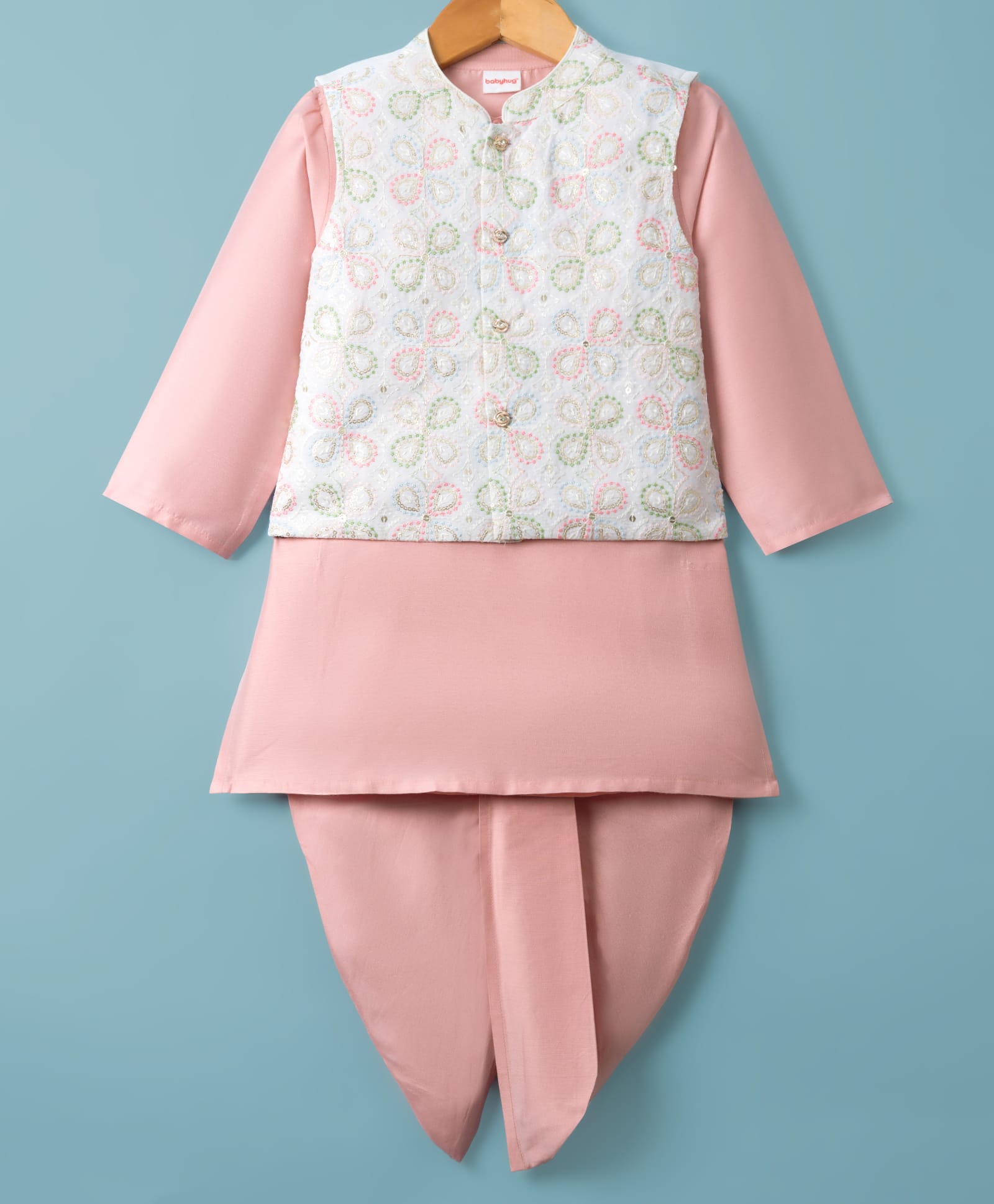 Babyhug Cotton Blend Woven Full Sleeves Kurta Dhoti Set With Sequinned Jacket - Peach-image-8