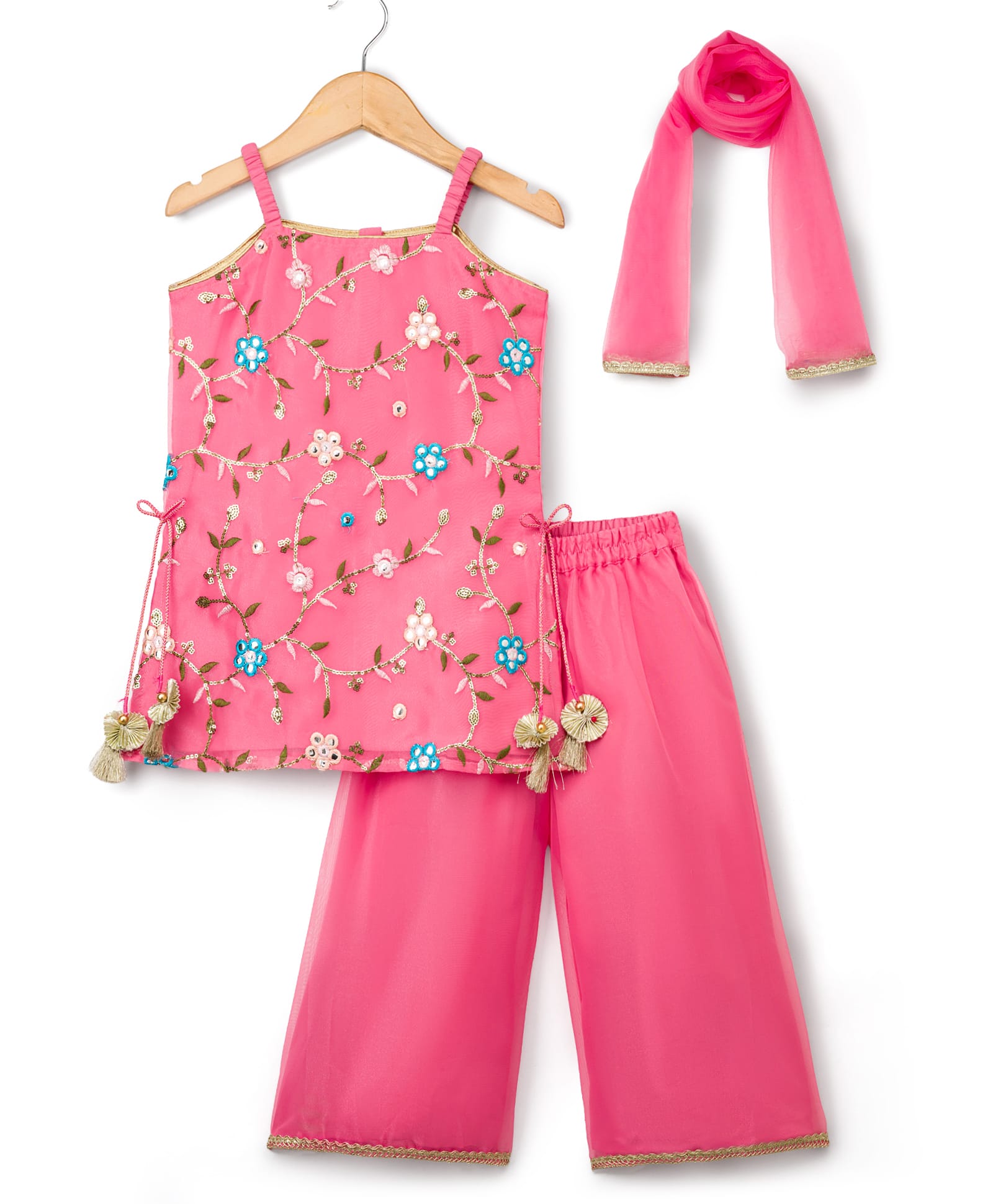 Babyhug Organaza Woven Sleeveless Floral Embroidered Kurti & Sharara Set With Dupatta - Pink-image-49
