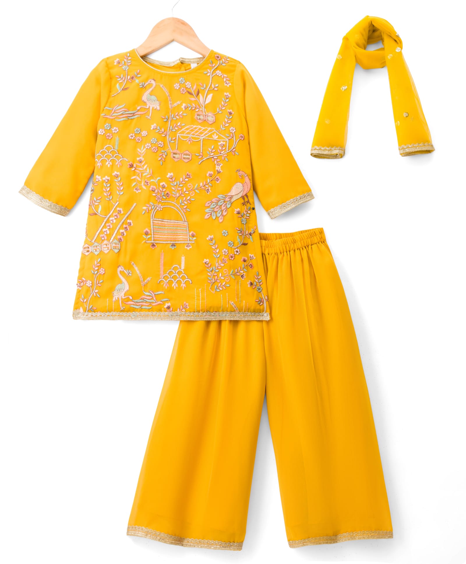 Babyhug Georgette Woven Full Sleeves Floral Embroidered Kurti Sharara Set With Dupatta - Yellow-image-24