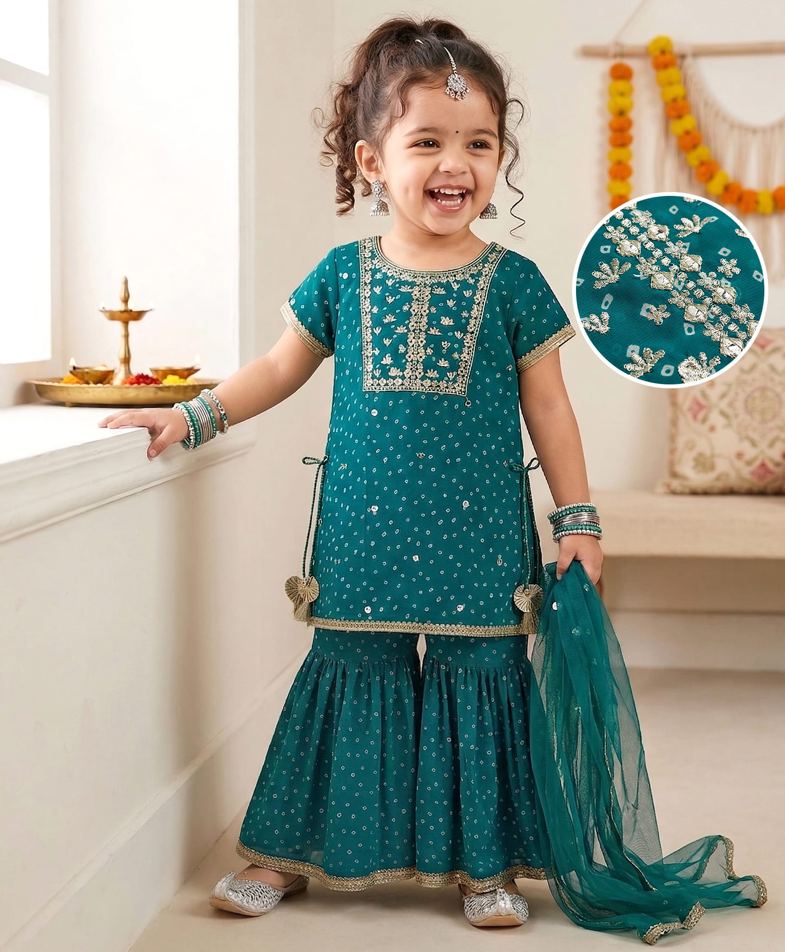 Babyhug Georgette Woven Half Sleeves Printed Kurti Gharara Set With Floral Embroidery & Dupatta - Mint Green-image-36