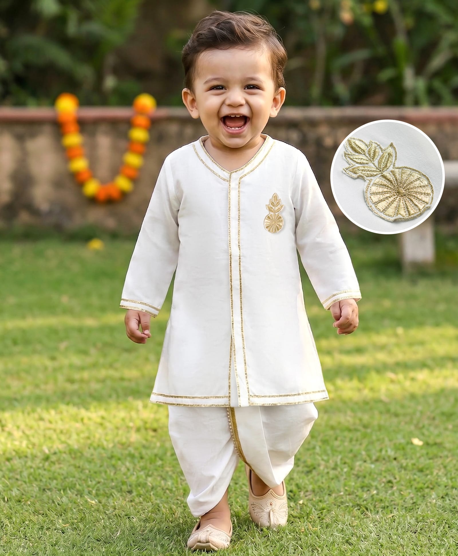 Babyhug Cotton Blend Woven Full Sleeves Kurta Dhoti Set With Floral Embroidery - White-image-46