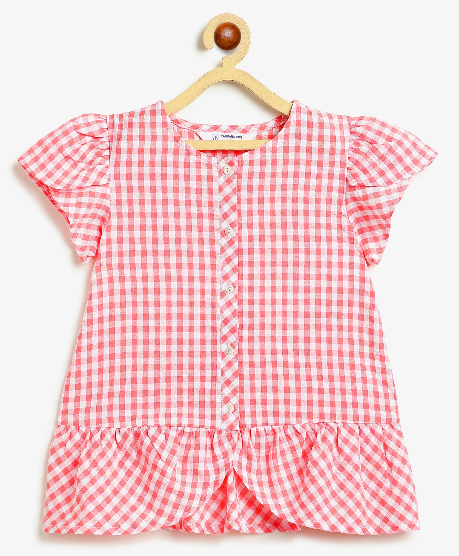 Campana 100% Cotton Woven Half Petal Sleeves Checked Top - Red & White-picture-13