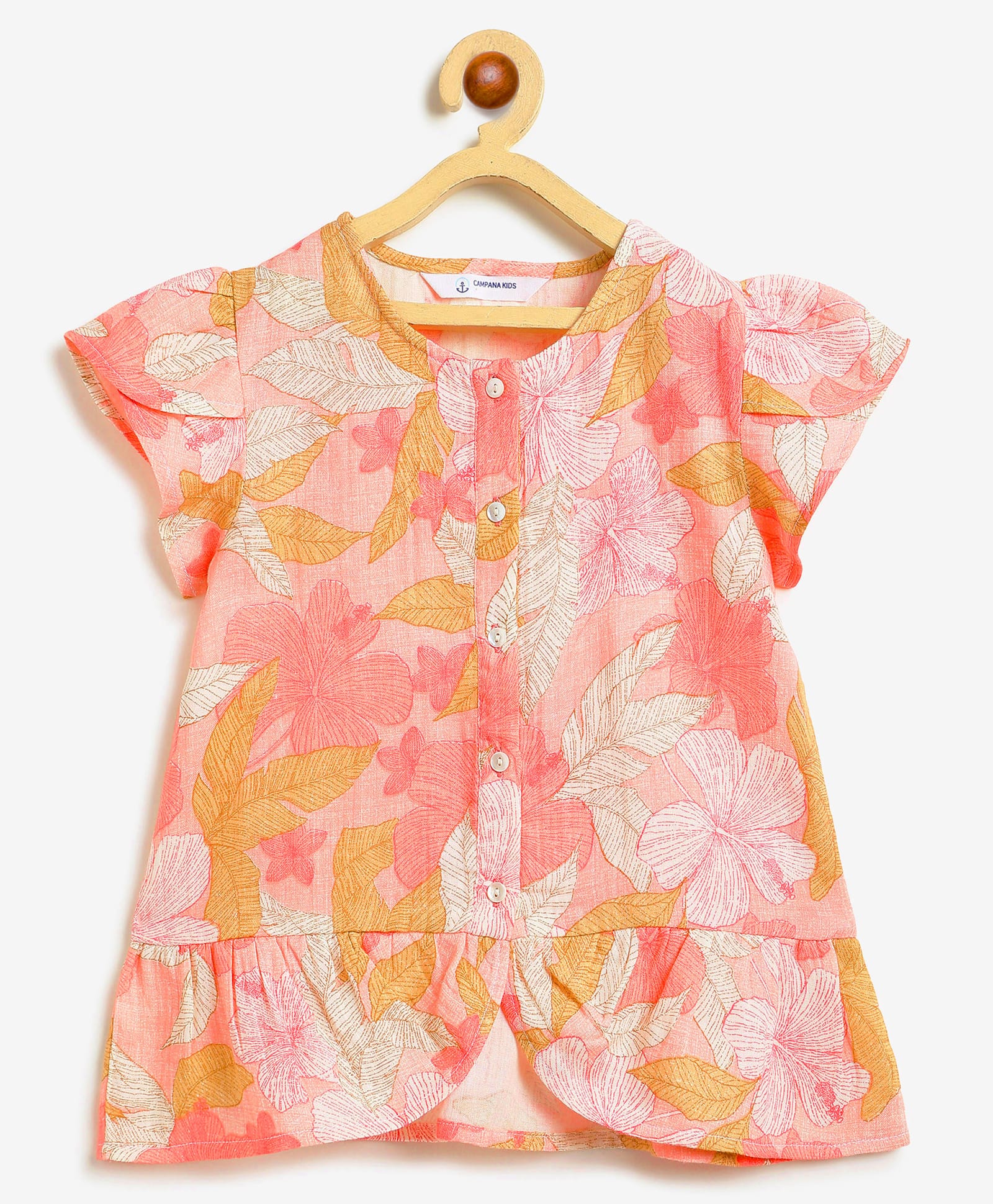 Campana 100% Cotton Woven Half Petal Sleeves Floral Printed Top - Pink & Brown-picture-26