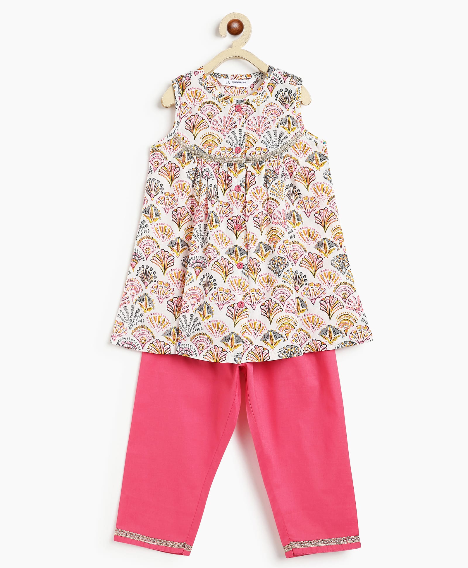 Campana 100% Cotton Woven Sleeveless Abstract Printed Kurti & Salwar Set - White & Pink-picture-10