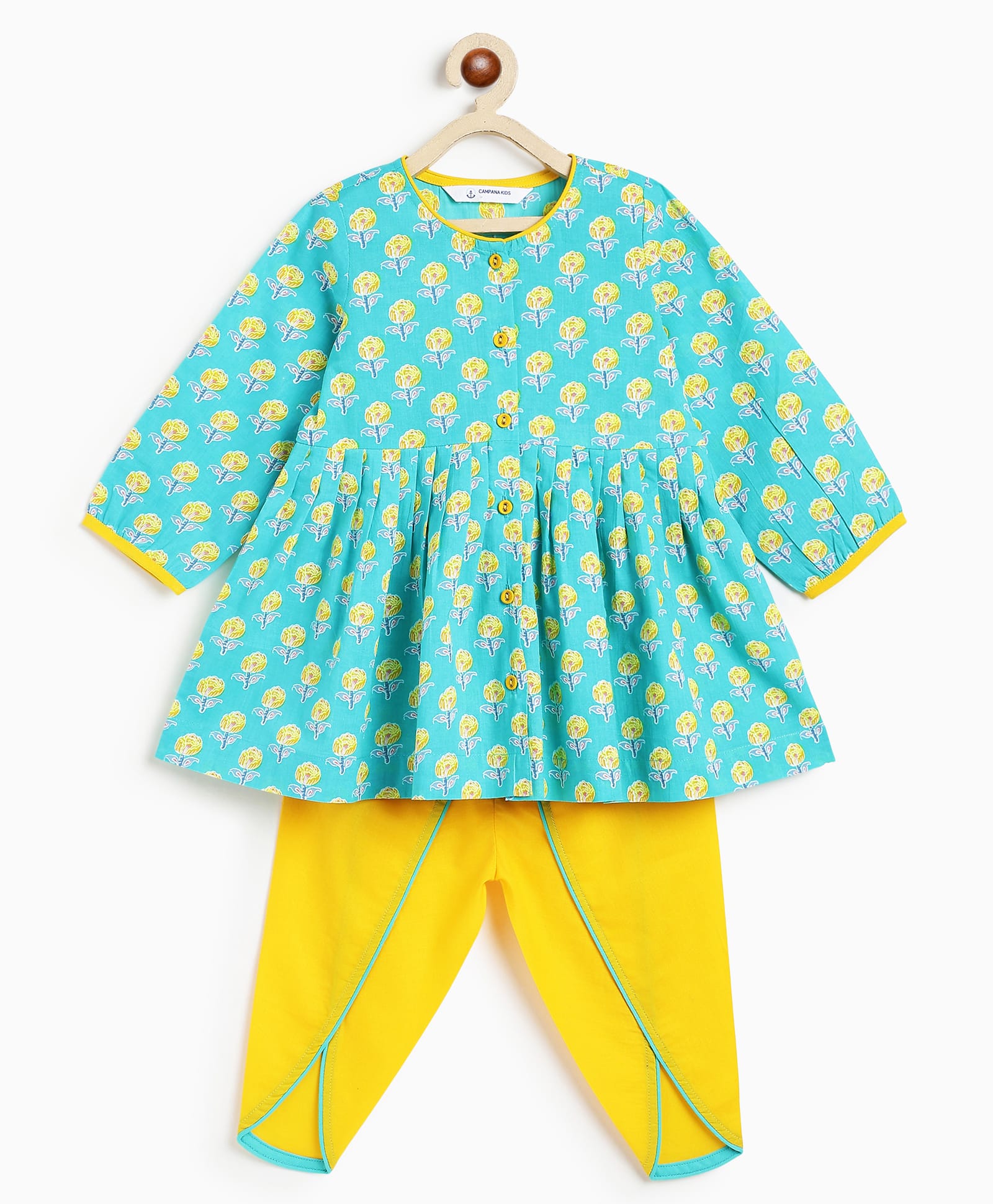 Campana 100% Cotton Woven Full Sleeves Floral Printed Kurti & Dhoti Set - Turquoise & Yellow-picture-35