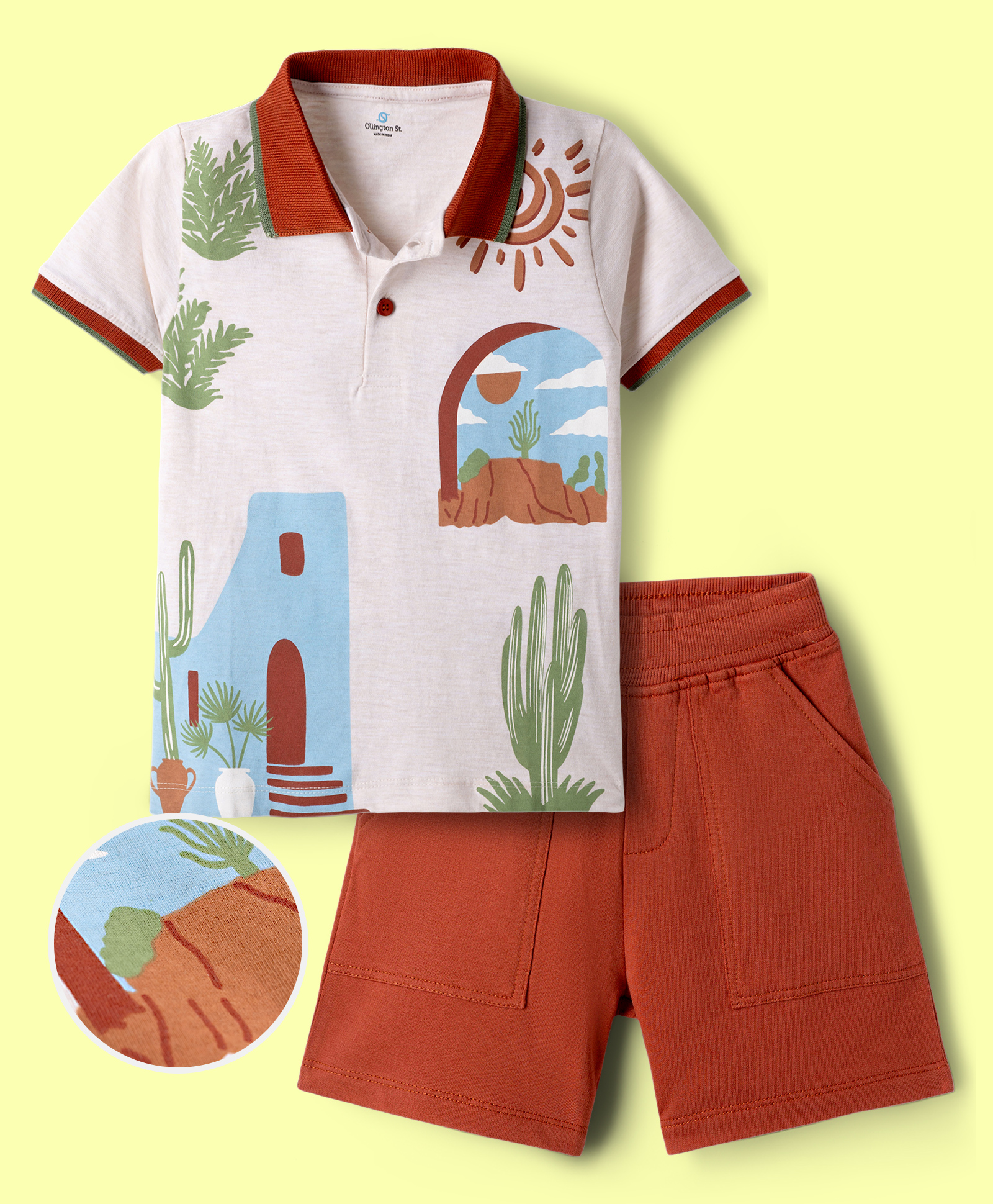OLLINGTON ST. Cotton Knit Half Sleeves Printed Polo T-Shirt & Shorts - Multicolour & Rust-image-1