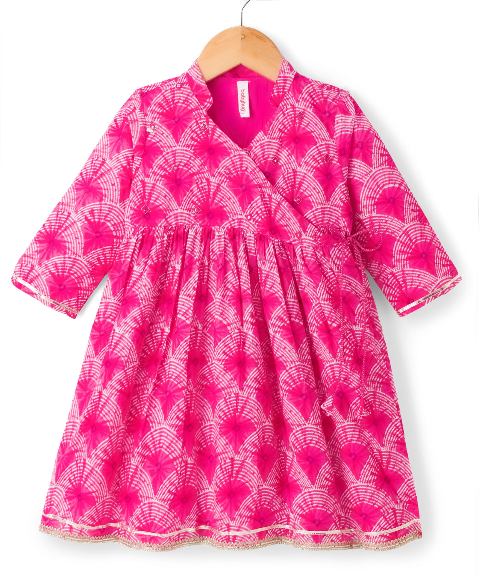 Babyhug Cambric Woven Three Fourth Sleeves Printed Ethnic Dress - Pink-image-30