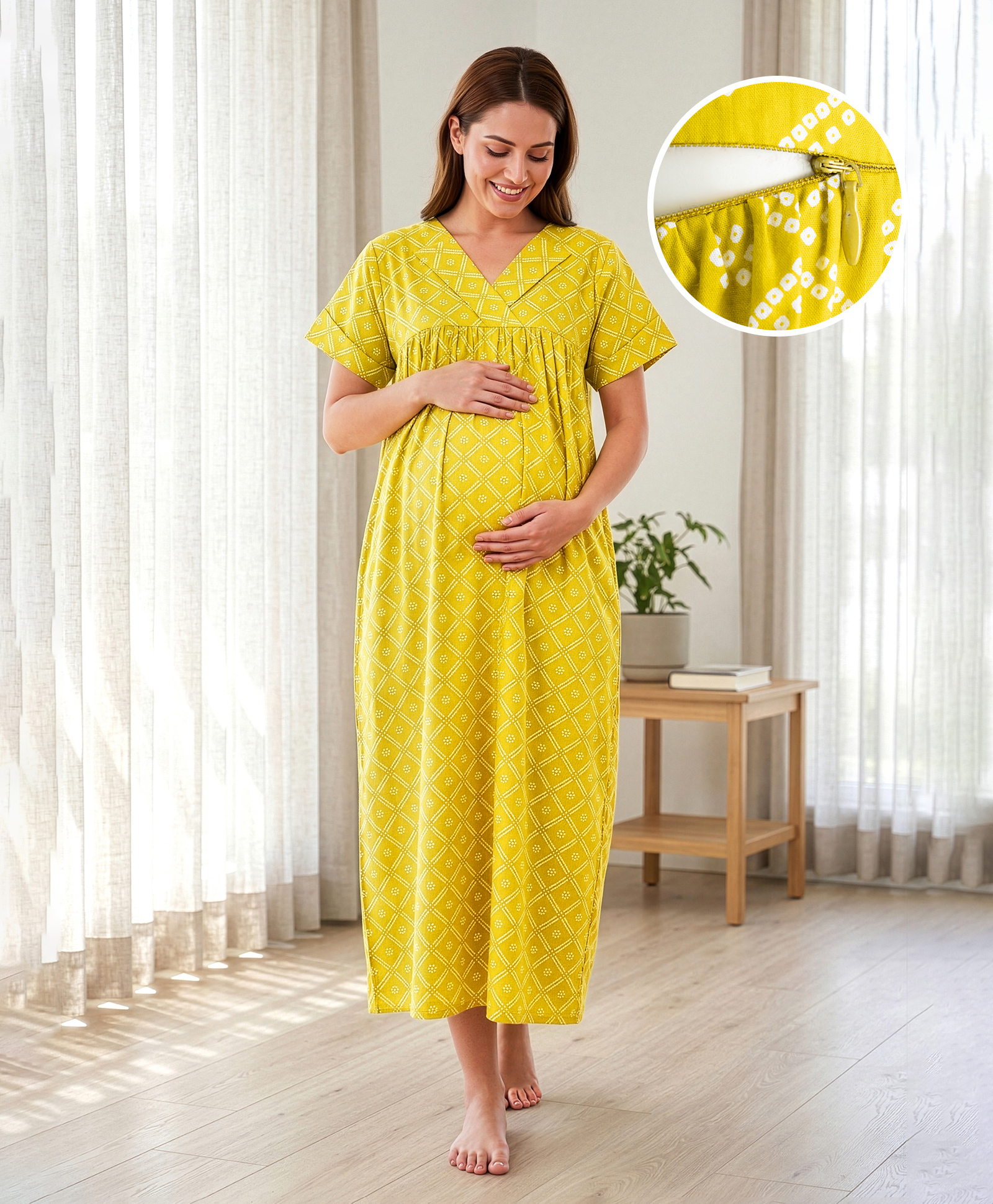 Bella Mama Cotton Woven Half Sleeves Printed Nighty - Lime Green-picture-22