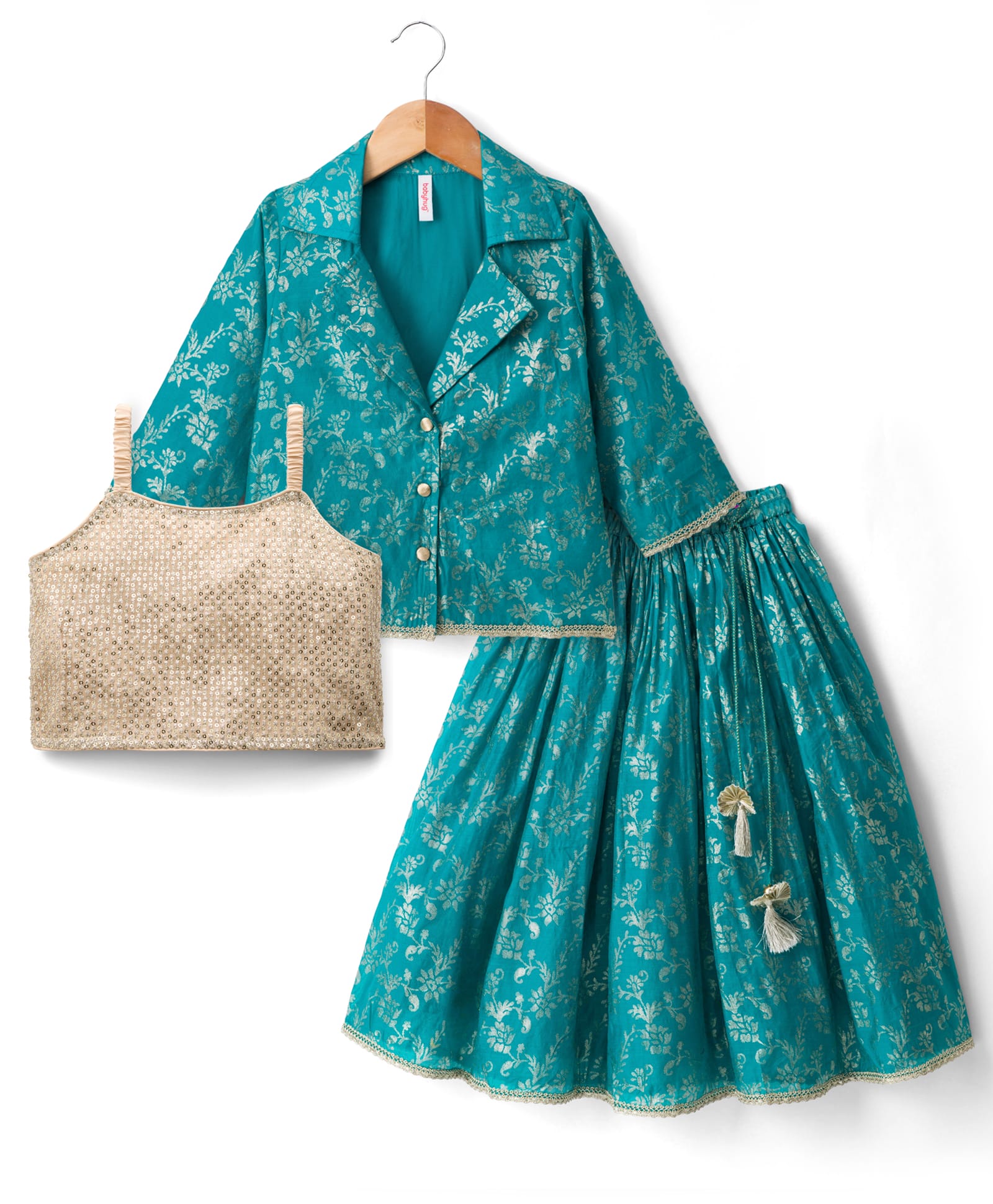 Babyhug Cotton Blend Woven Three Fourth Sleeves Jacket & Lehenga Choli Set with Foil Floral Print - Teal Blue-image-4