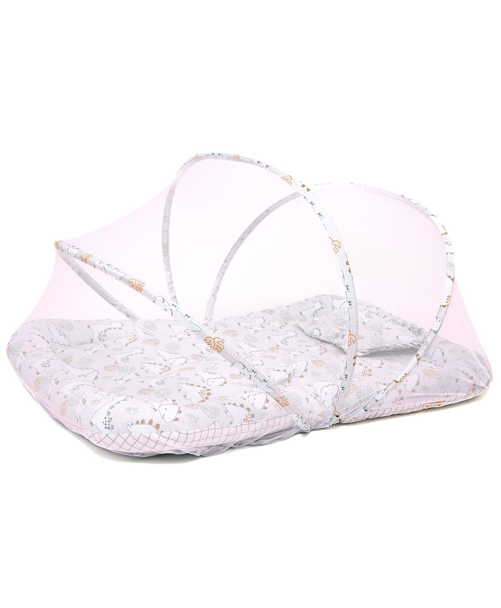 Tidy Sleep Baby Bed With Mosquito Net & Neck Pillow Baby Gadda Set For New Born Dino Printed - Grey-image-3
