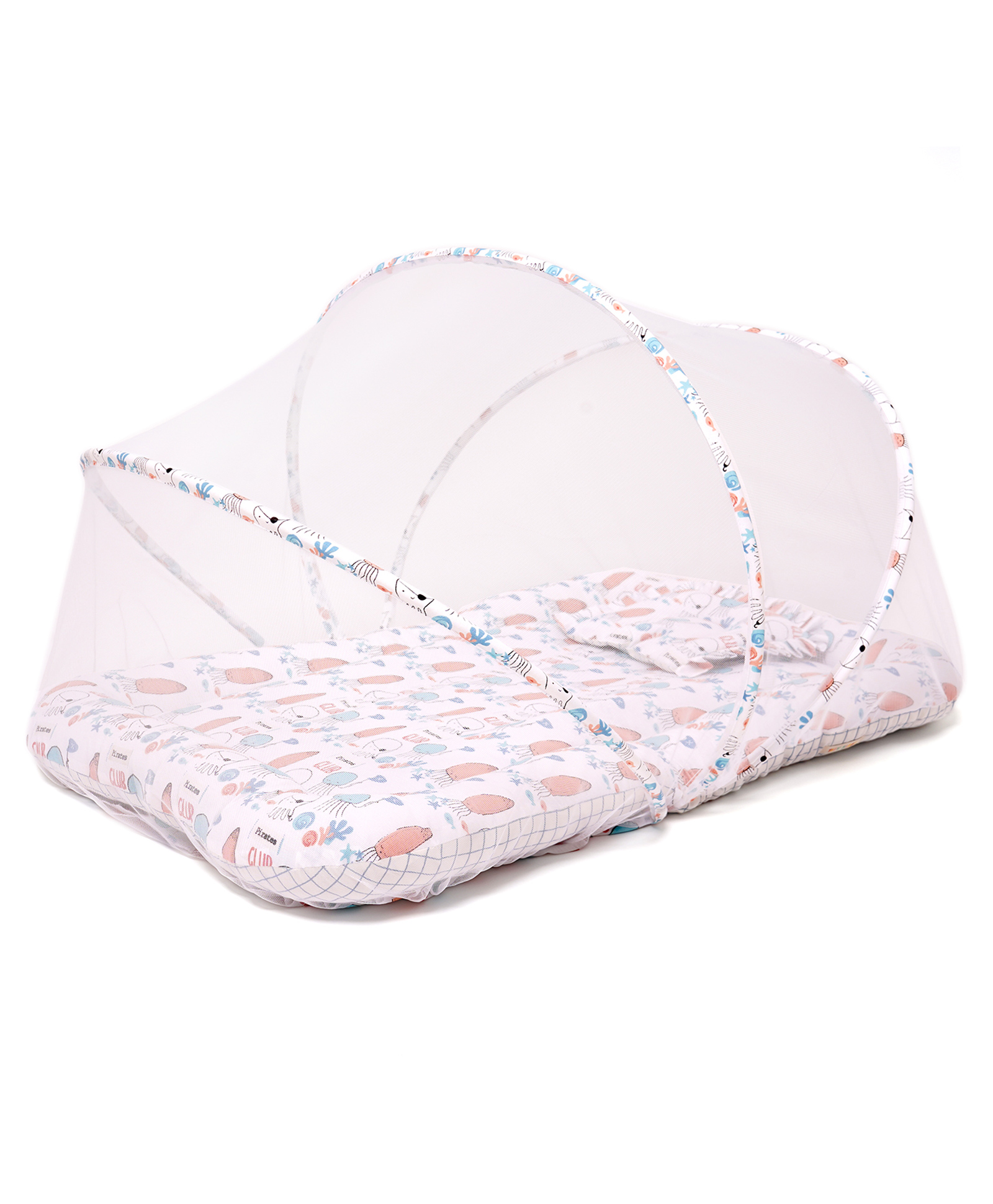 Tidy Sleep Baby Bed With Mosquito Net & Neck Pillow Baby Gadda Set For New Born Dino Printed - Pink-image-46