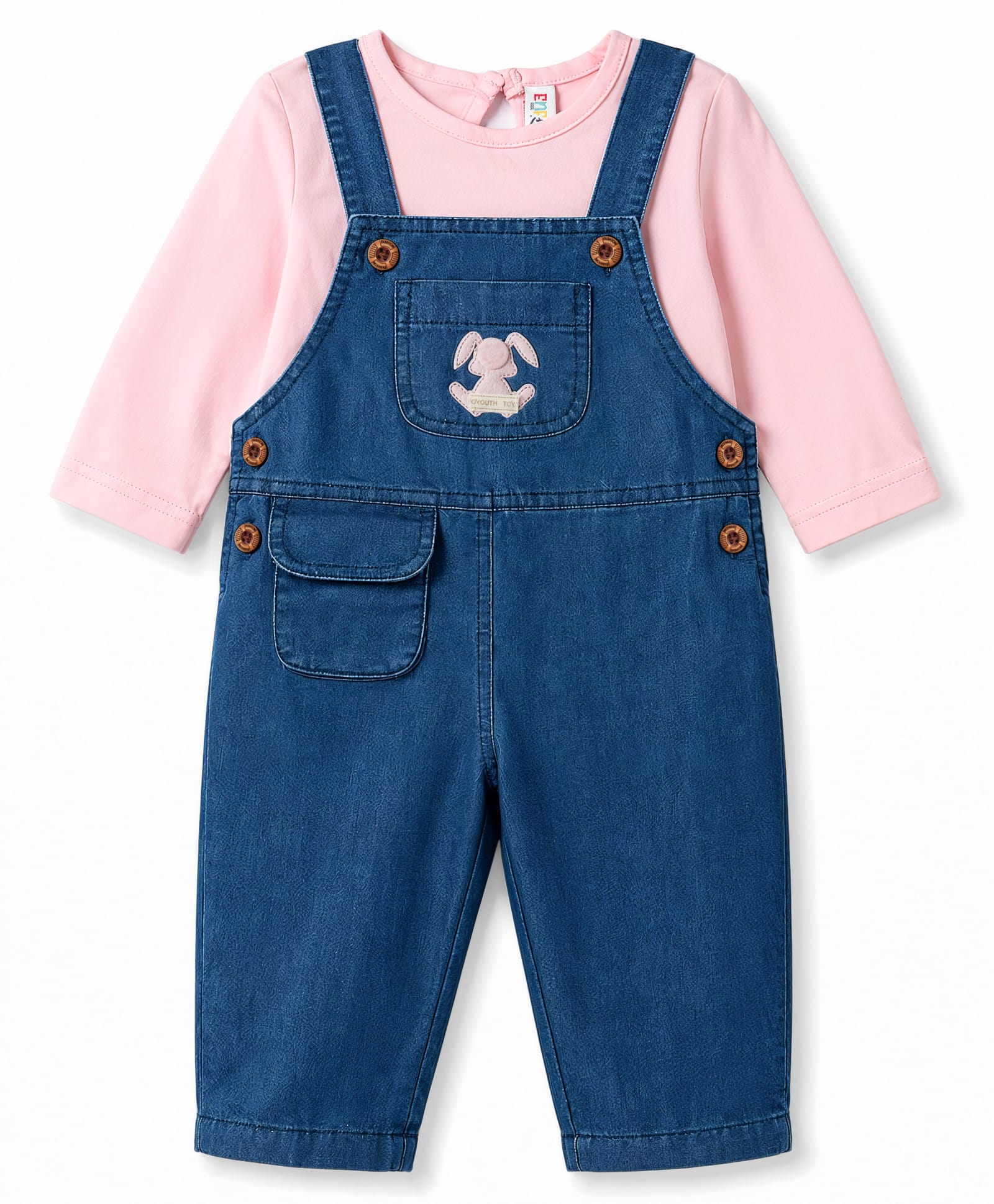 Enfance Core Woven Three Fourth Sleeves Tee With Full Length Dungaree - Pink-picture-29