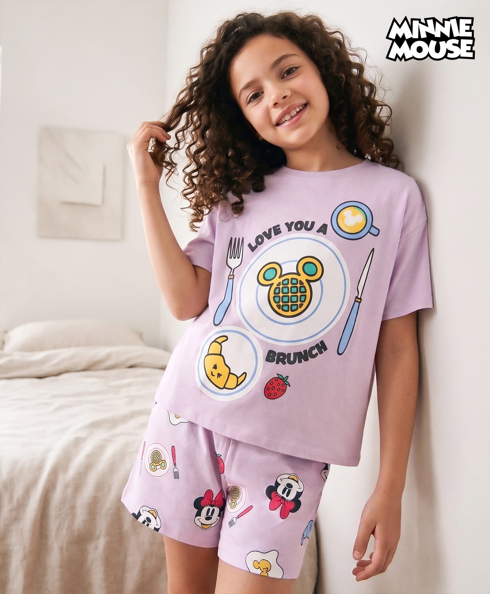 Primo Gino Disney Single Jersey Knit Half Sleeves T-Shirt & Shorts Night Suit with Minnie & Friends Graphics - Lavender-image-44