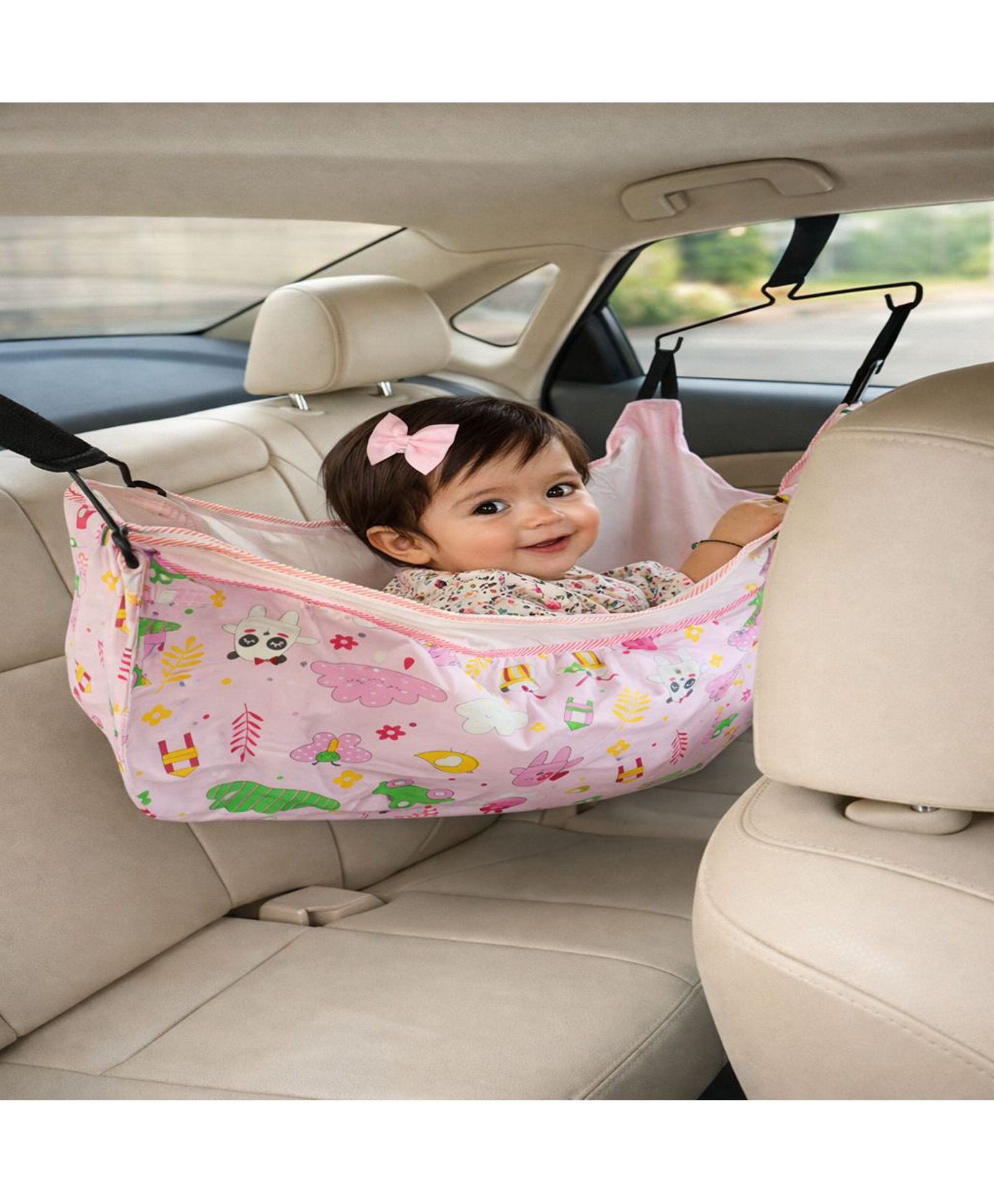 Baby Corp Car Cradle for 0 to 3 Year Baby Comfortable Baby Car Nap While Travel | Adjustable Overhead & Car Handle Belt | Cradle Cloth with Metal Hangers | Car Jhula Travel Kit-picture-10