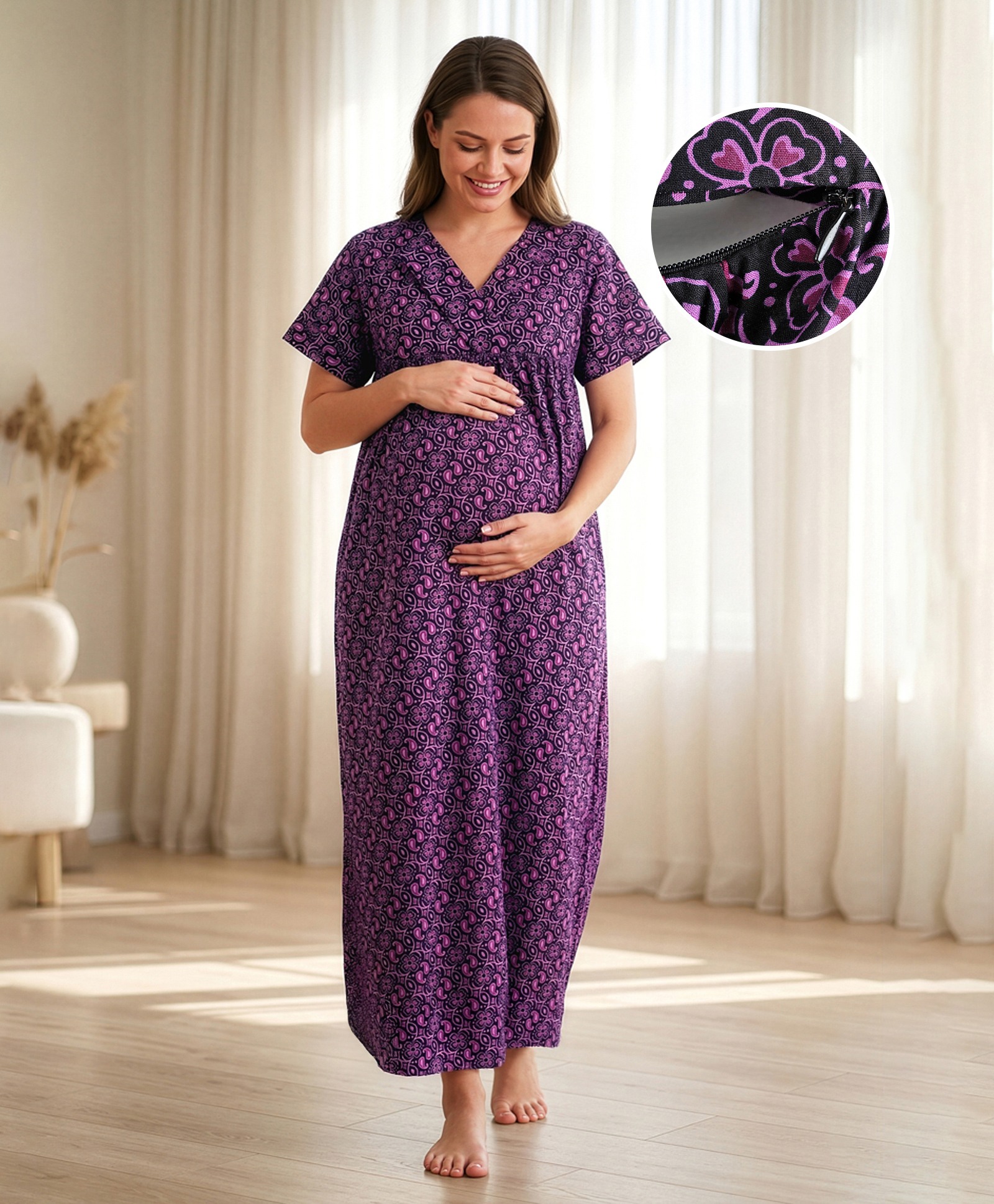 Bella Mama Cotton Woven Half Sleeves Nighty with Floral Print - Black-picture-46