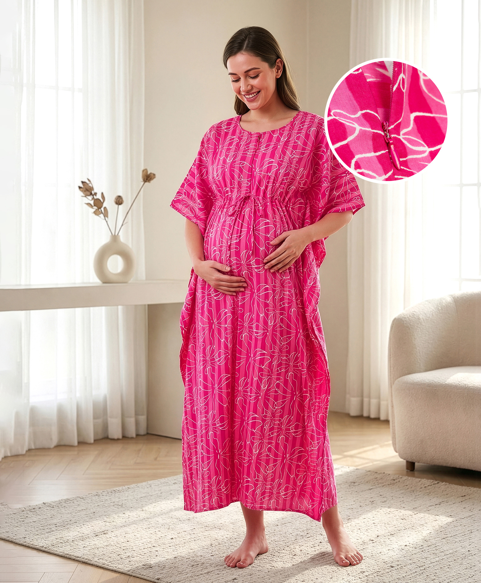 Bella Mama Cotton Woven Half Sleeves Maternity Nursing Kaftan with Floral Print - Pink-picture-22